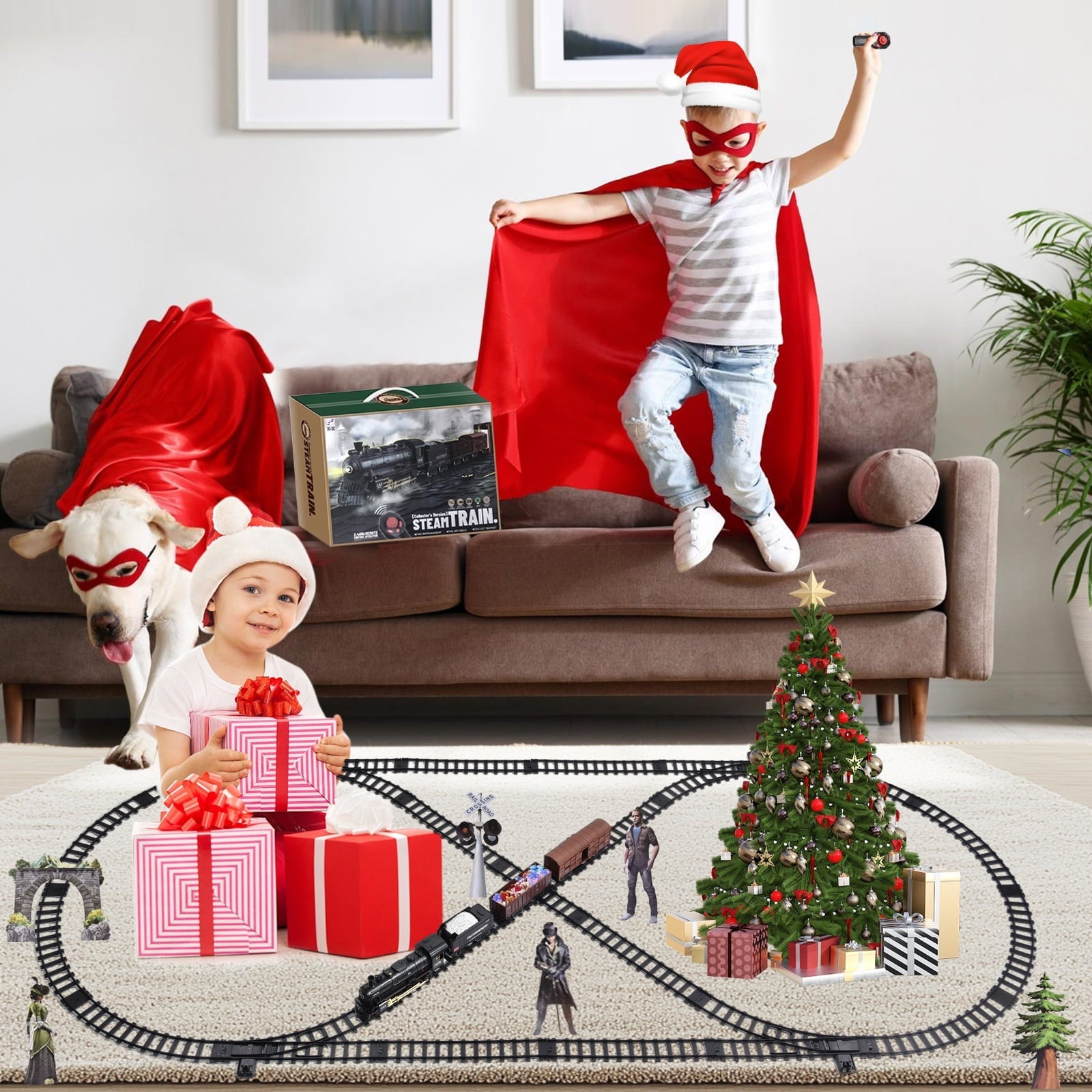 Adoonk Remote Control Train Set , with Steam Engine Realistic Smoke Sounds Lights 21-Piece ,Train Toy Gifts for Kids Ages 4-8