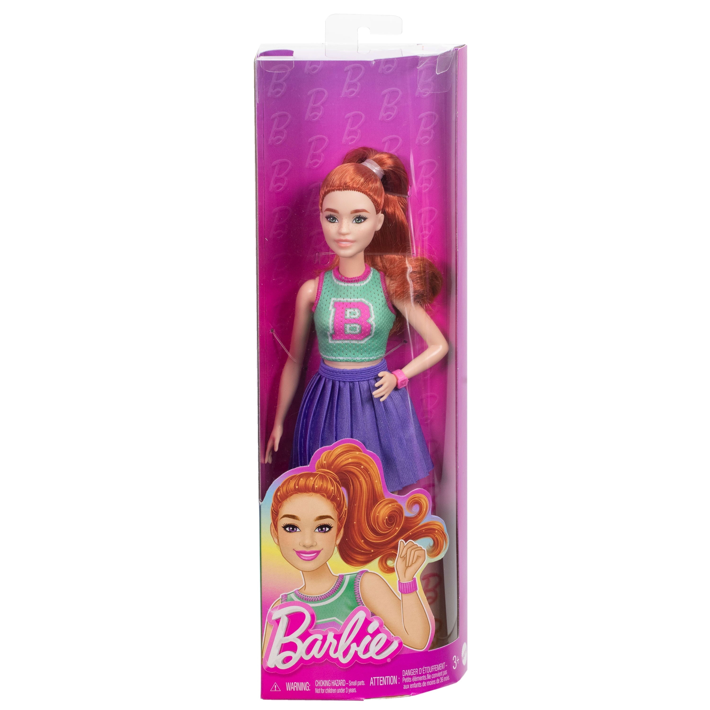 Barbie Fashionistas Doll #232 with Red Hair in Jersey Top and Pleated Purple Skirt, Watch, Sneakers