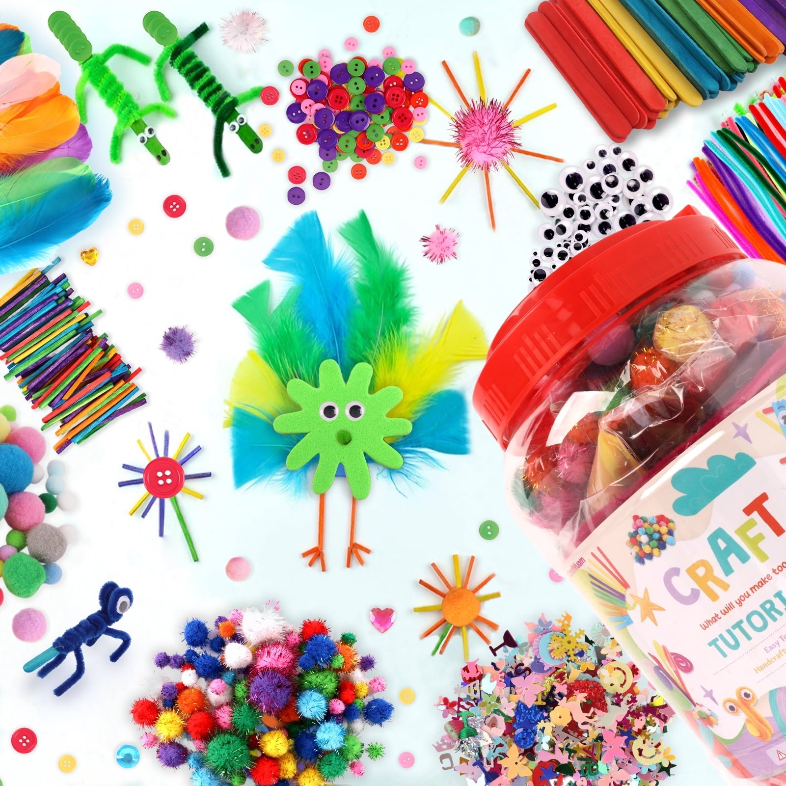 CandWuom Arts & Crafts Supplies Kits & Materials Set for Kids - 1000Pcs+ Craft Kit with Pipe Cleaners Pom Poms Craft for Kids Ages 4-8 Girls & Boys Birthday Gifts