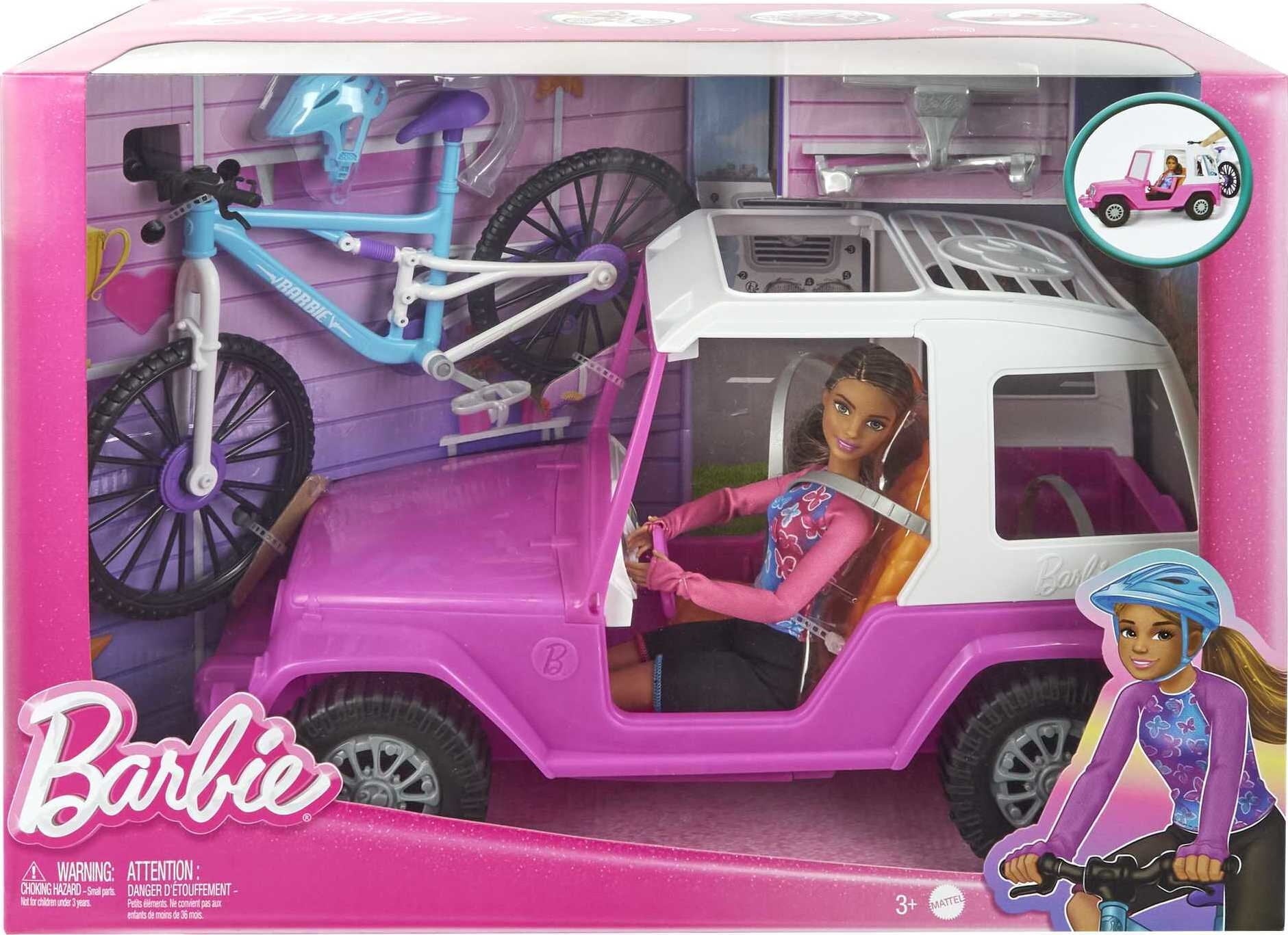 Barbie Doll, Mountain Bike, Barbie Car Bundle with Pink Jeep [Walmart Exclusive]