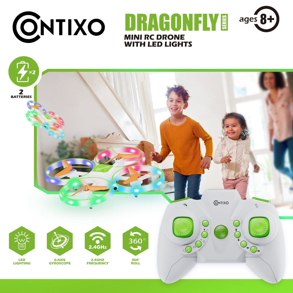 Contixo Dragonfly Mini Drone for Kids, Auto Takeoff, Altitude Hold, 360° Stunts, LED Lights, 16-Min Flight - Green
