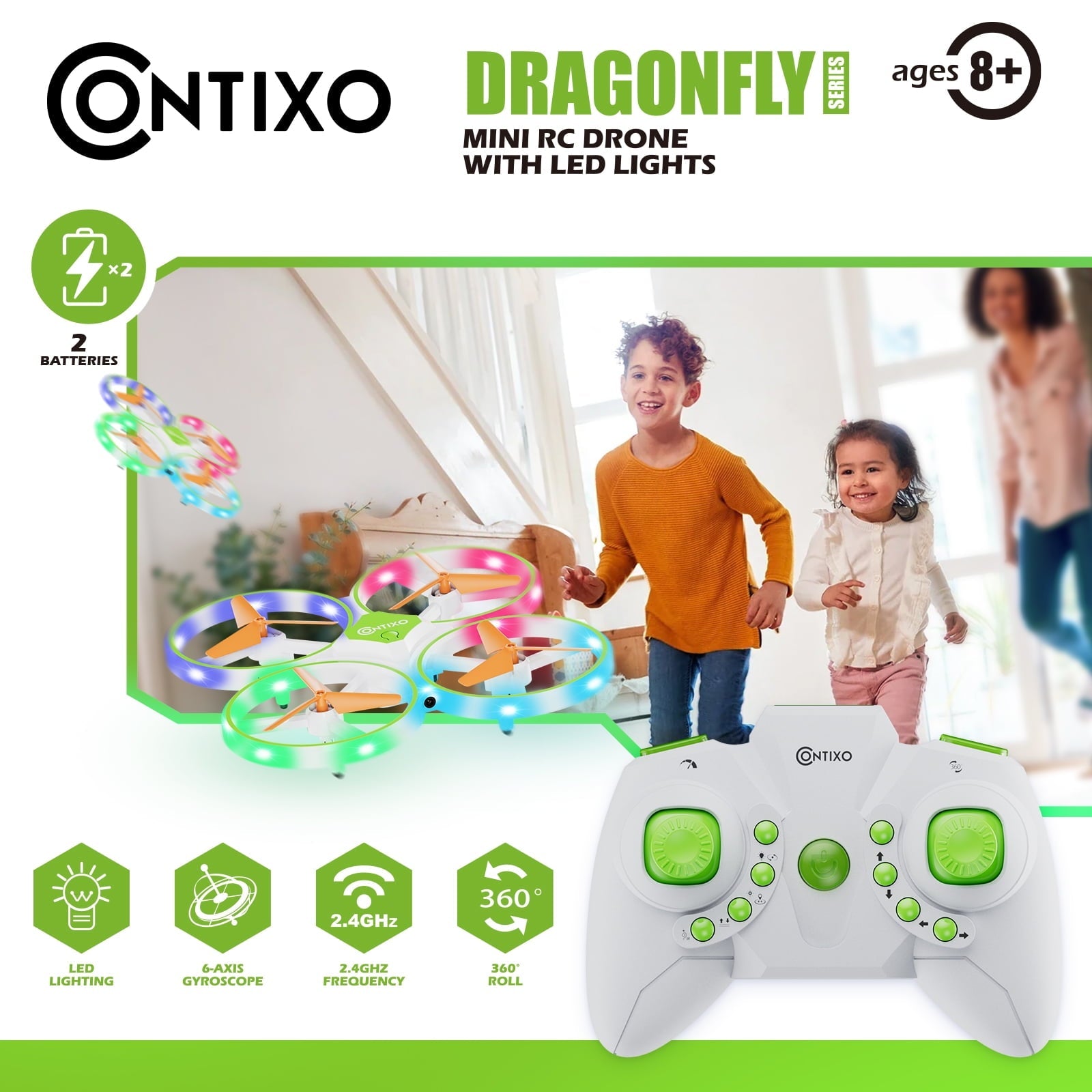 Contixo Dragonfly Mini Drone for Kids, Auto Takeoff, Altitude Hold, 360° Stunts, LED Lights, 16-Min Flight - Green
