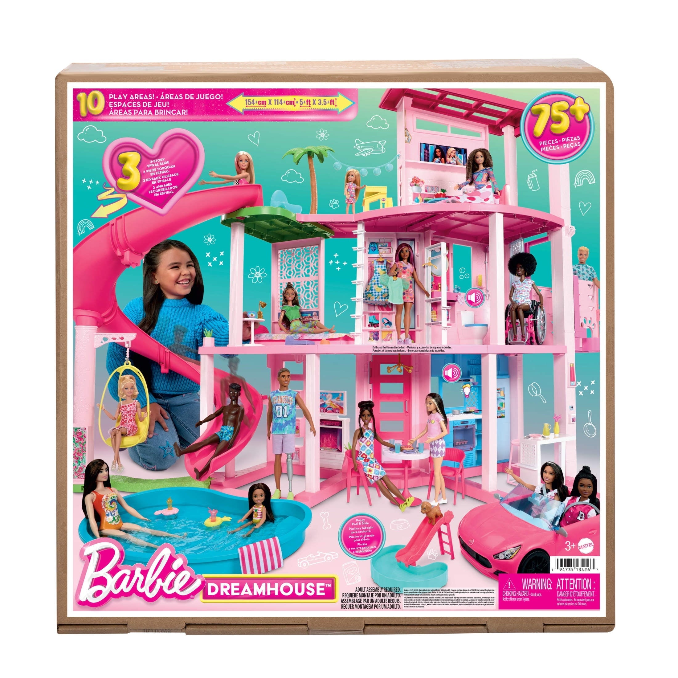 Barbie Dreamhouse Pool Party Doll House and Playset with 75+ Pieces, 45 in, Slide & Puppy Elevator