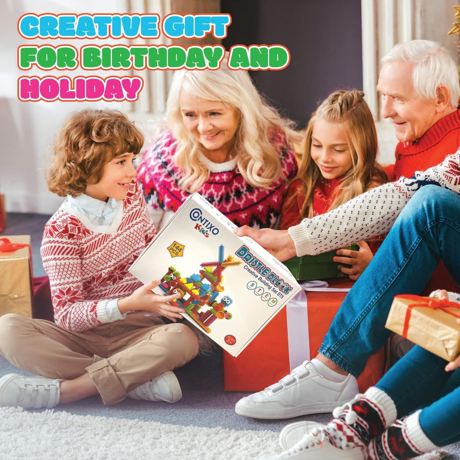 Contixo STEM Bristle Building Blocks for Toddlers & Kids Ages 3-8, Educational & Sensory Toy Building Set, 144 pcs - Rainbow Colors