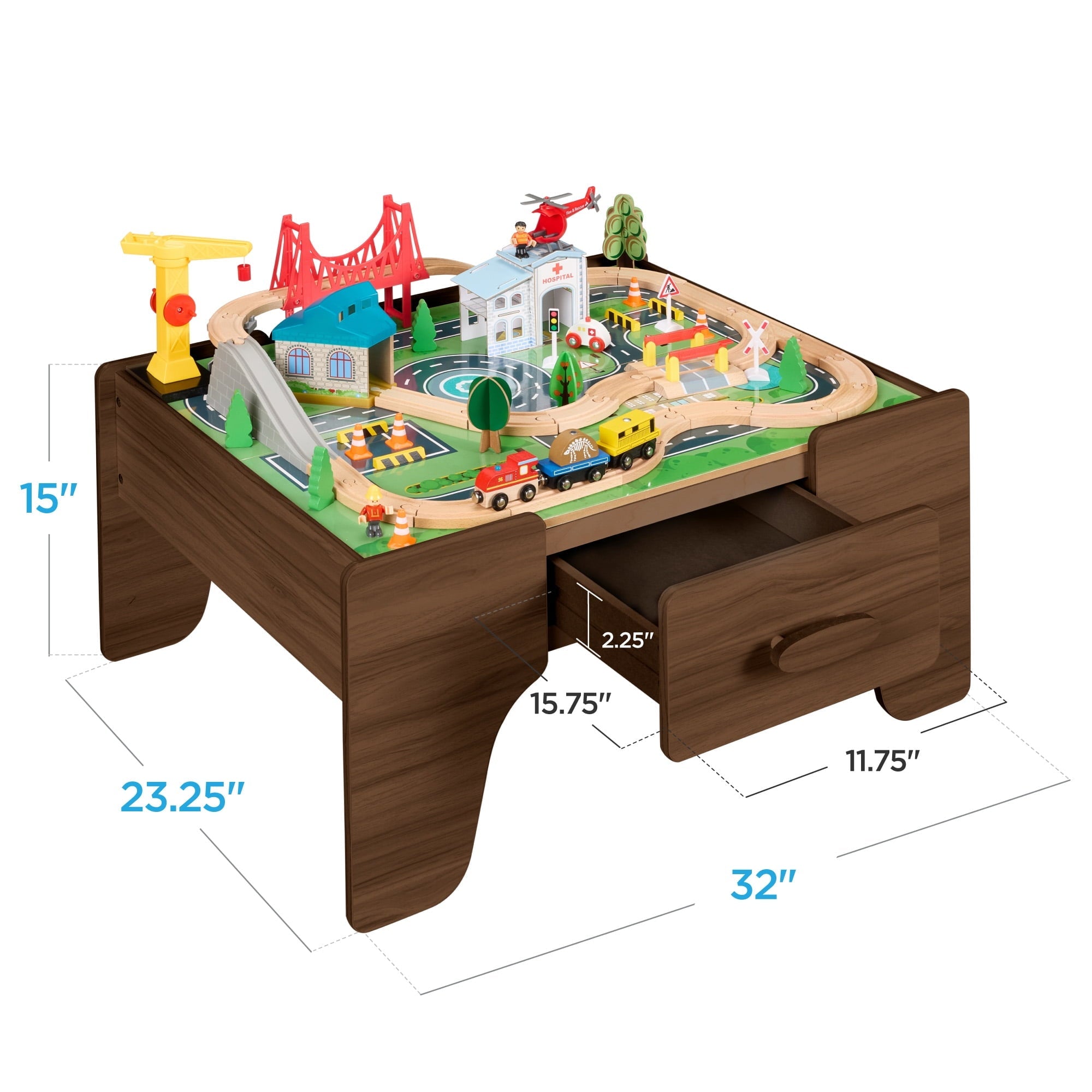 Best Choice Products Wooden Train Set Table for kids, 56pc Multi-Activity Table for Kids w/Toy Storage Drawer & Reversible Top - Walnut