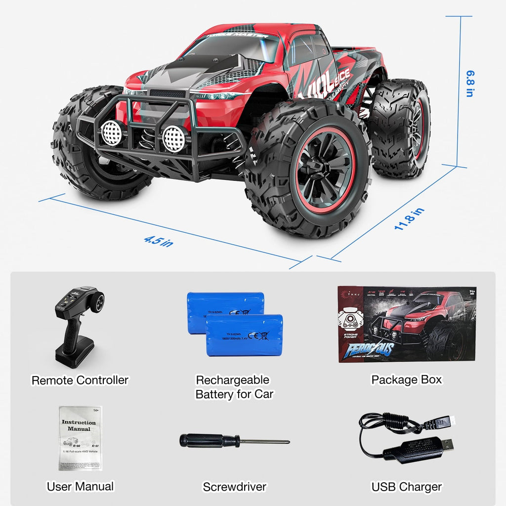AUOSHI RC Car – 1:16 Remote Control Truck, 30MPH High-Speed 4WD Off-Road Car with 2 Rechargeable Batteries, 60 Min Playtime, LED Lights – Great Gift for Kids & Adults