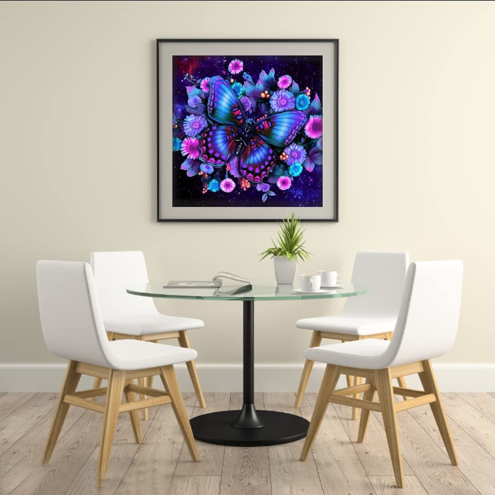 Butterfly Diamond Art Kits for Adults Beginners 5D Full Drill Round Purple Flowers Diamond Art for Home Decor 11.8x11.8 inch