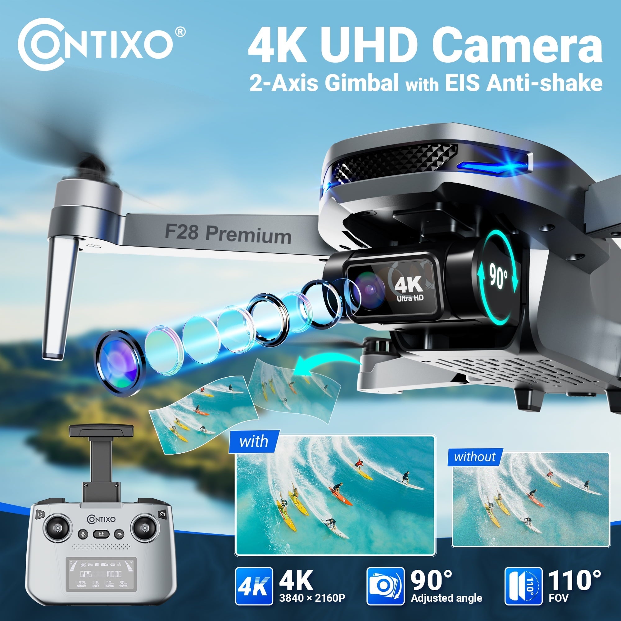 Contixo F28 Stratus Max 4K Drone, 2-Axis Gimbal with EIS, 3280ft Range, 26 Min Flight, GPS, Auto-Return, Case
