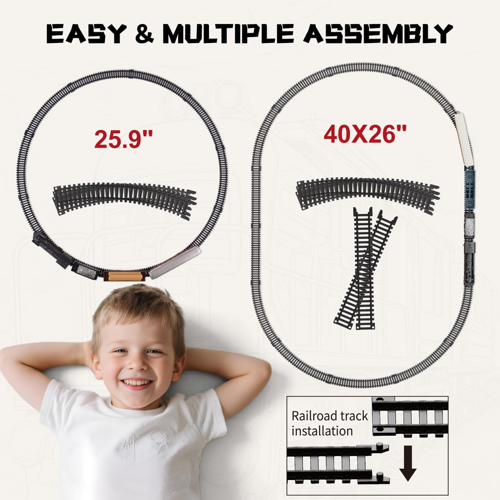 Classic Model Train Set w/ Light & Sound, Train Toy with Locomotive, Cargo Cars & Tracks, Birthday Gift for Boys and Girls