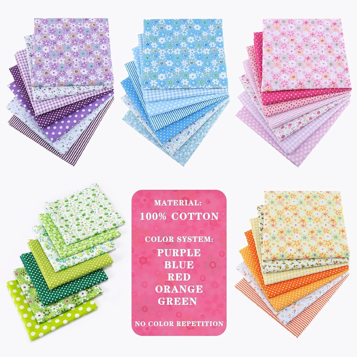 35Pcs 9.8"x9.8" Quilting Cotton Fabric Squares Quilting Supplies Multi-Color Design Printed Floral Fabric for DIY(Red/Yellow/Green/Blue/Pink/Purple/Grey/Black)
