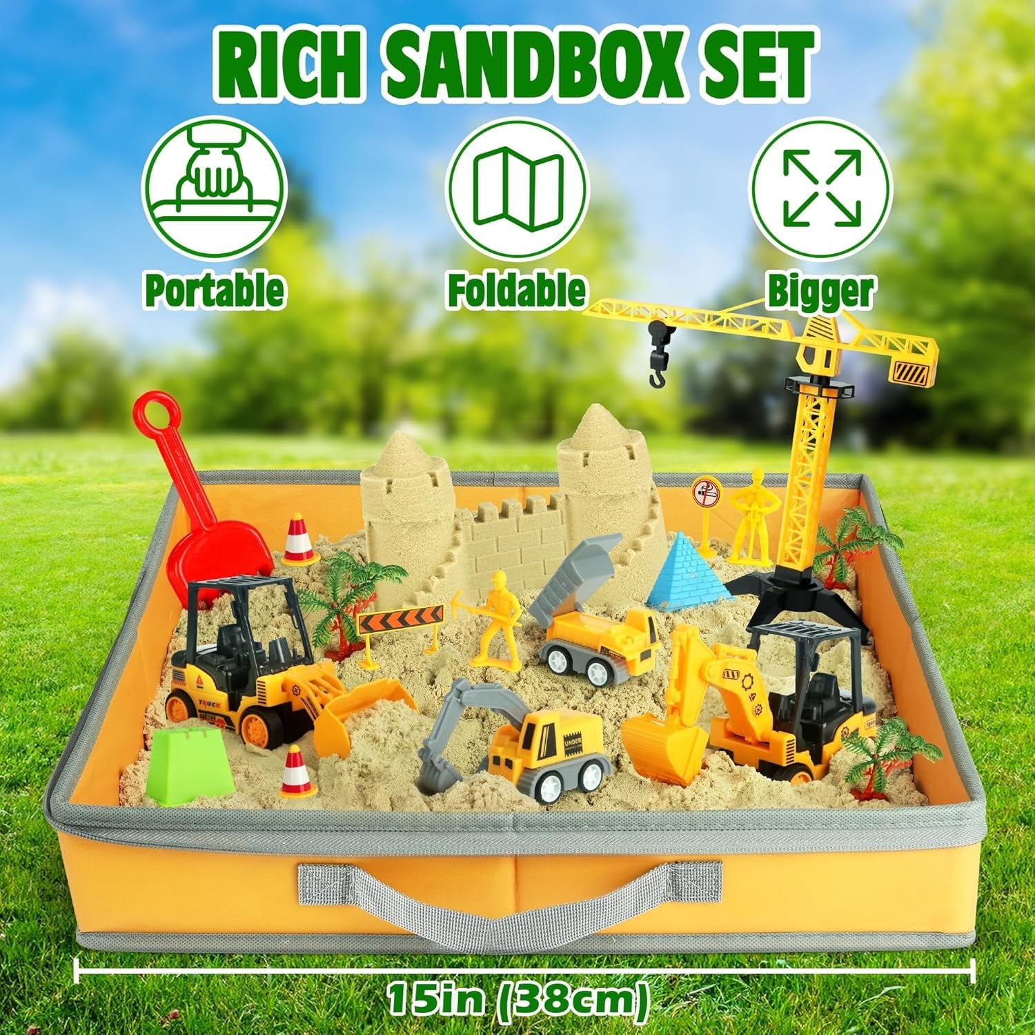 Billeeit Sand Construction Kit with 2.2lbs Play Sand, Large Foldable Sandbox, Construction Trucks, Castle Molds, and 36PCS Total Accessories, Creative Sand Play Set for Kids Ages 3+