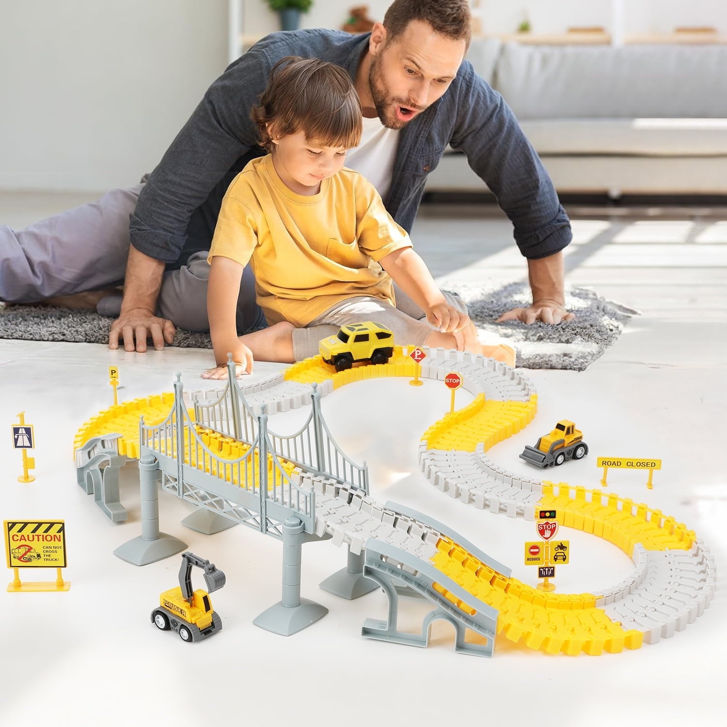 Anpro 180PCS Construction Toys Race Track Set for Kids, DIY Flexible Track Playset with Engineering Cars and Playmat, Create a Engineering Road Games Gift Toys for Age 3+ Boys