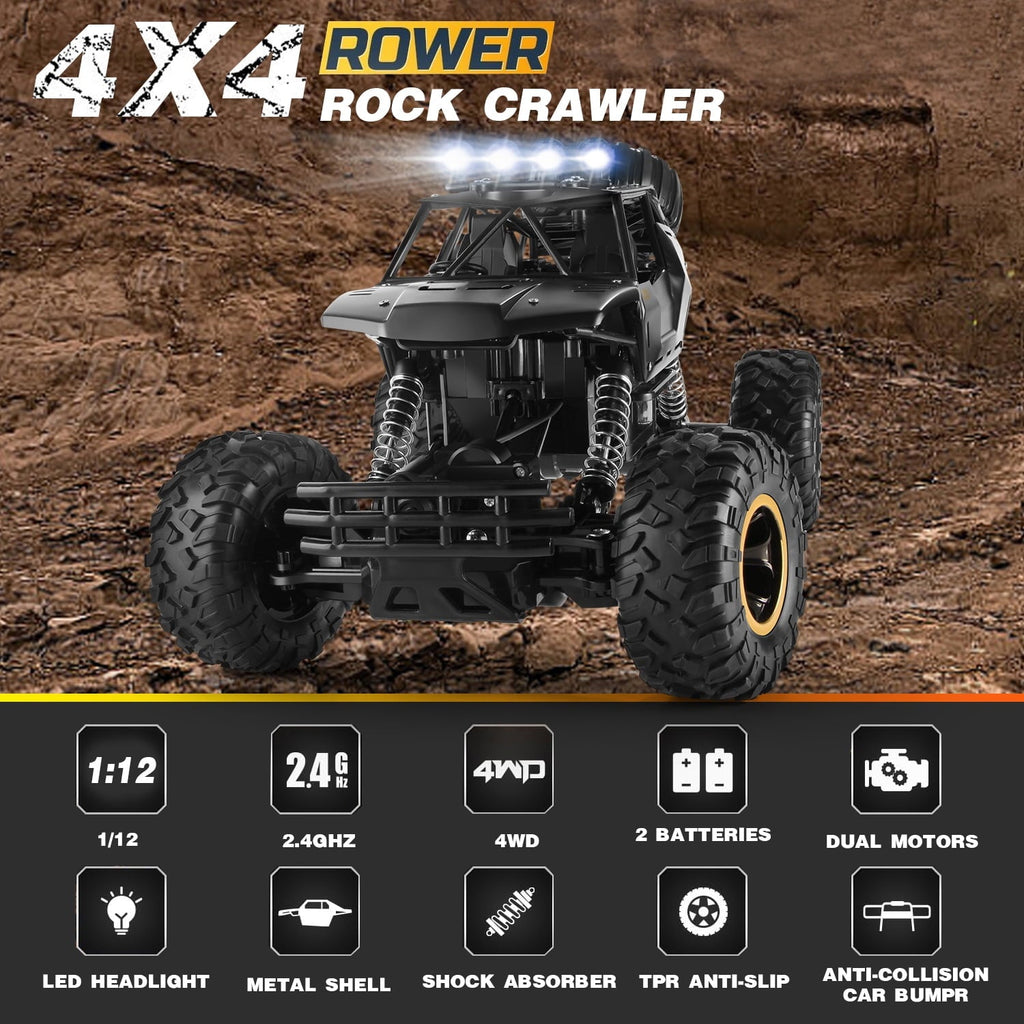 4DRC 1:12 Rc Car,off Road Truck Remote Control Car Metal Shell 2.4G 4WD Dual Motors, with 2 Batteries Black