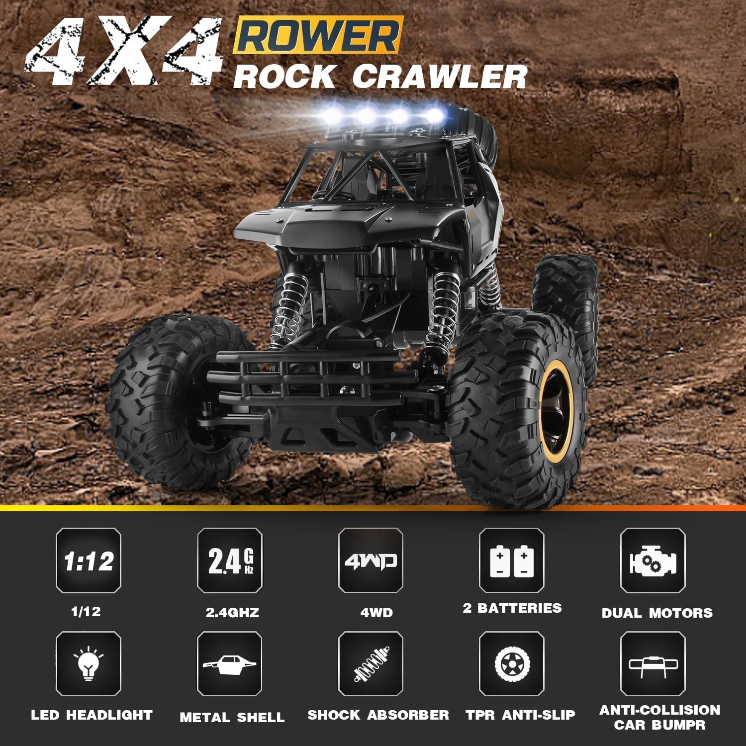 4DRC 1:12 Rc Car,off Road Truck Remote Control Car Metal Shell 2.4G 4WD Dual Motors, with 2 Batteries Black
