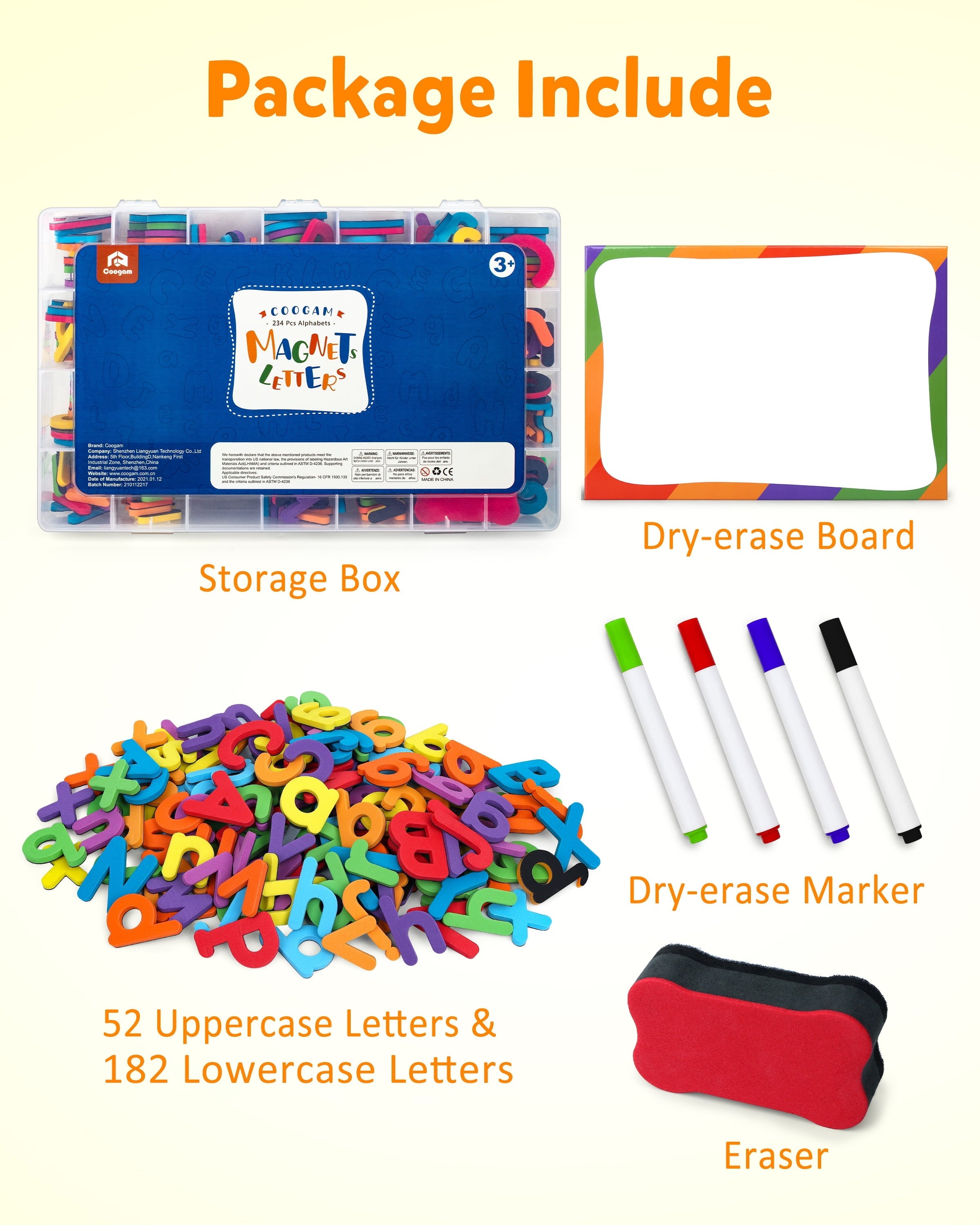 Coogam Magnet Letters Sets for 3 Years Old- 234 Pcs Alphabet with Magnetic Board Pen and Box
