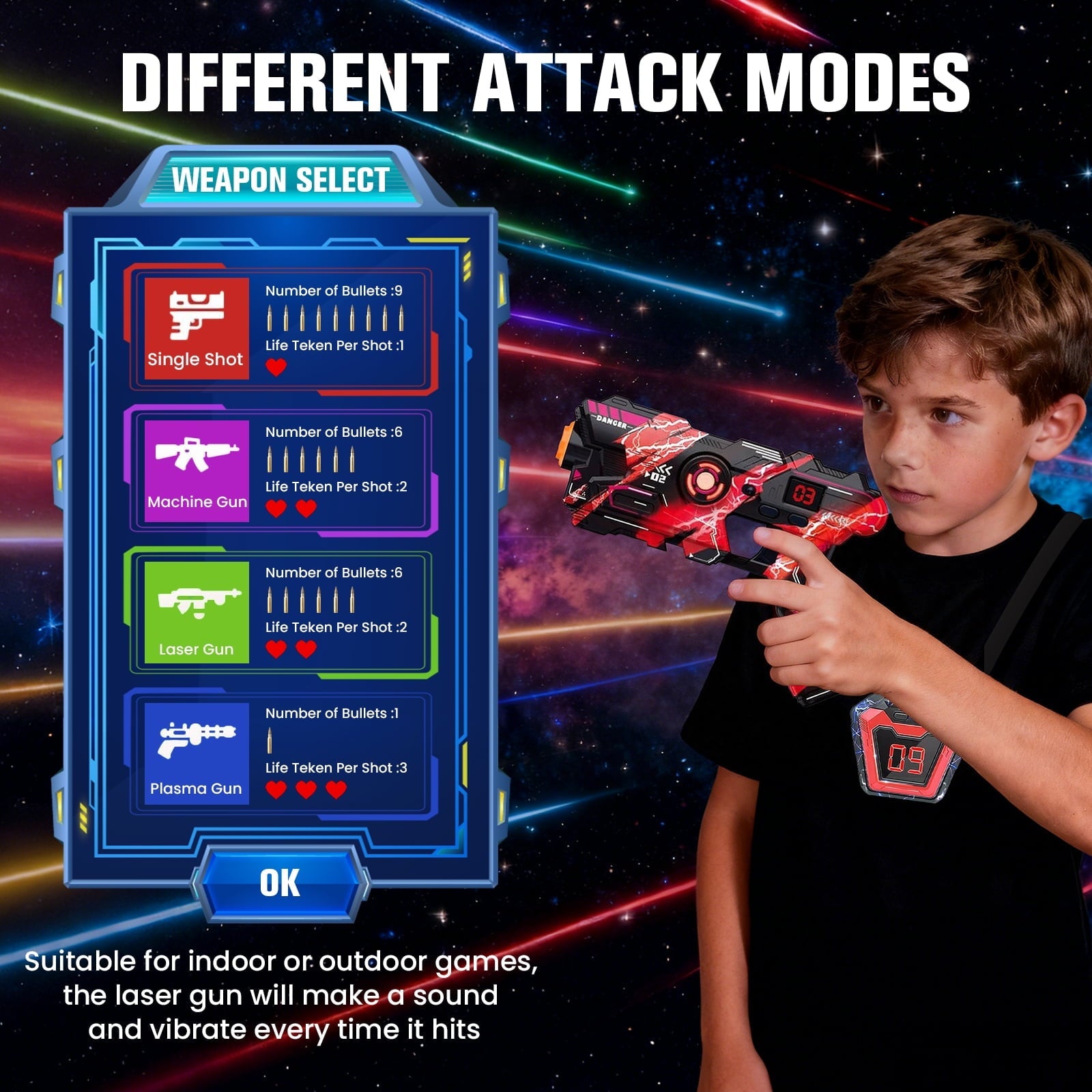 ABSOKE Laser Tag Guns Set, 4 Laser Tag Guns with LED Digital Score Display Vests, Family and Teen Adults Fun, Gift for Kids Ages 8 9 10 11 12+ Year Old Boy & Girls