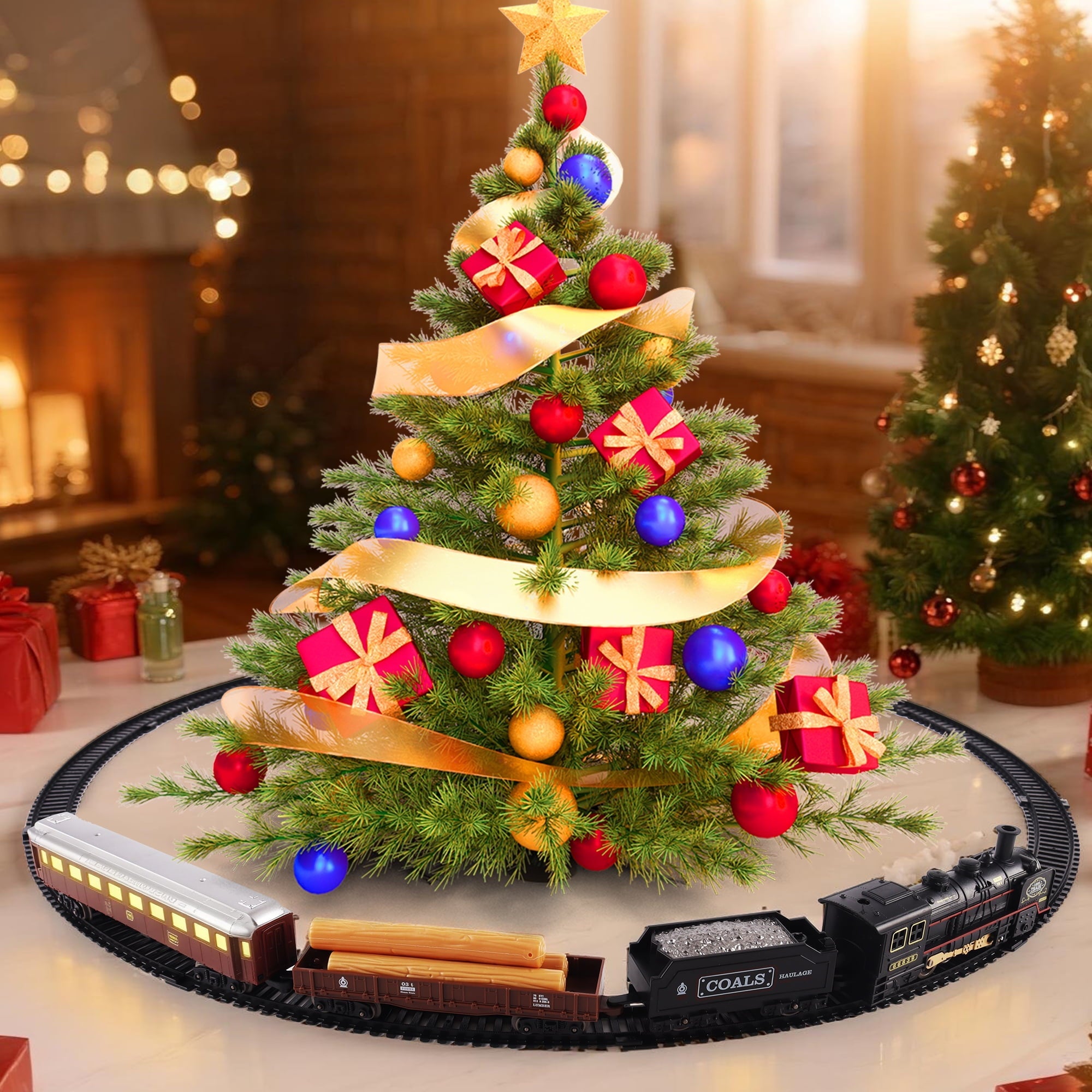 Classic Model Train Set w/ Light & Sound, Train Toy with Locomotive, Cargo Cars & Tracks, Birthday Gift for Boys and Girls