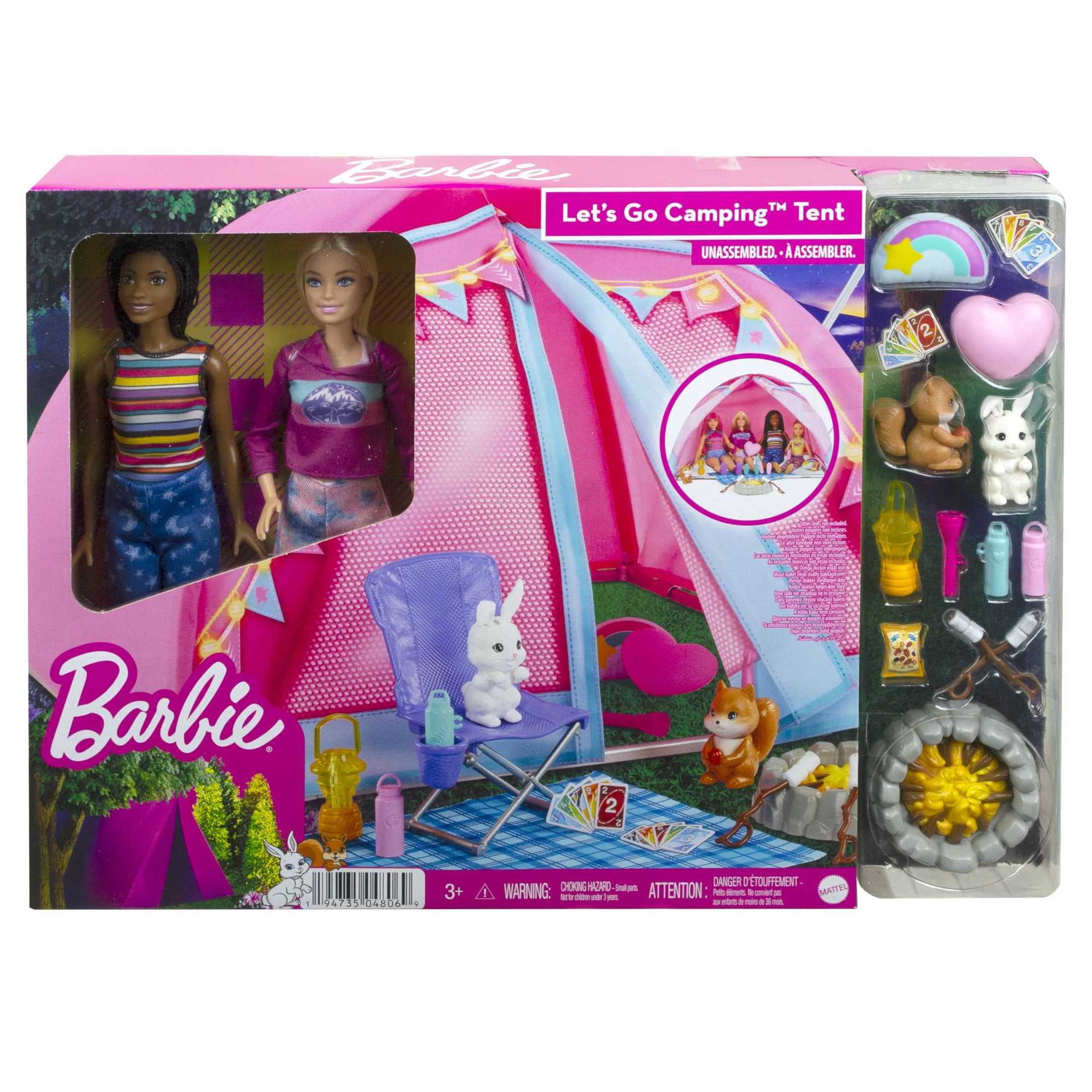 Barbie It Takes Two Let's Go Camping Tent Playset with Brooklyn & Malibu Dolls & 20 Accessories
