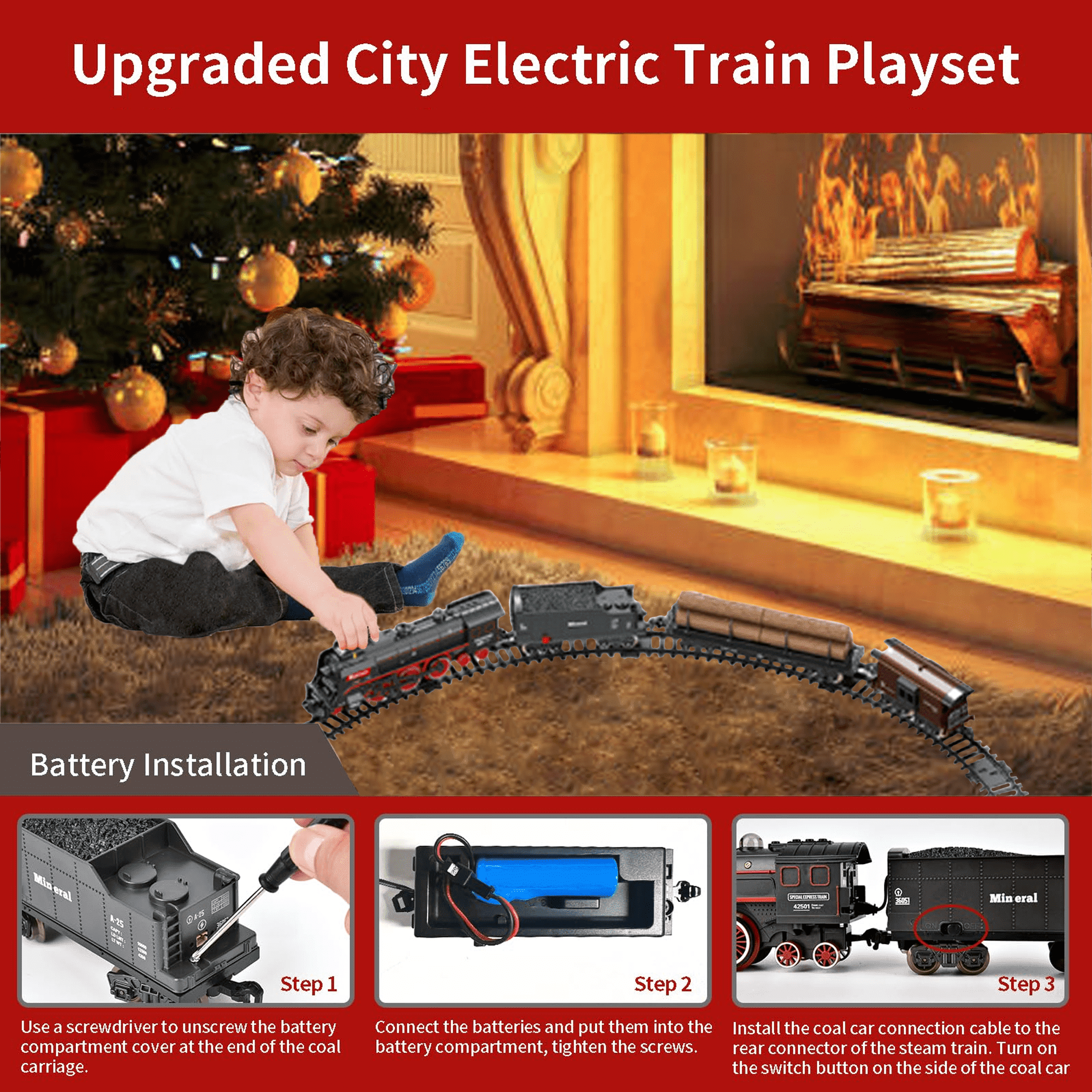 Adofi Electric Train Set, Battery-Powered Locomotive, Christmas Toys for 3-8 Years Old