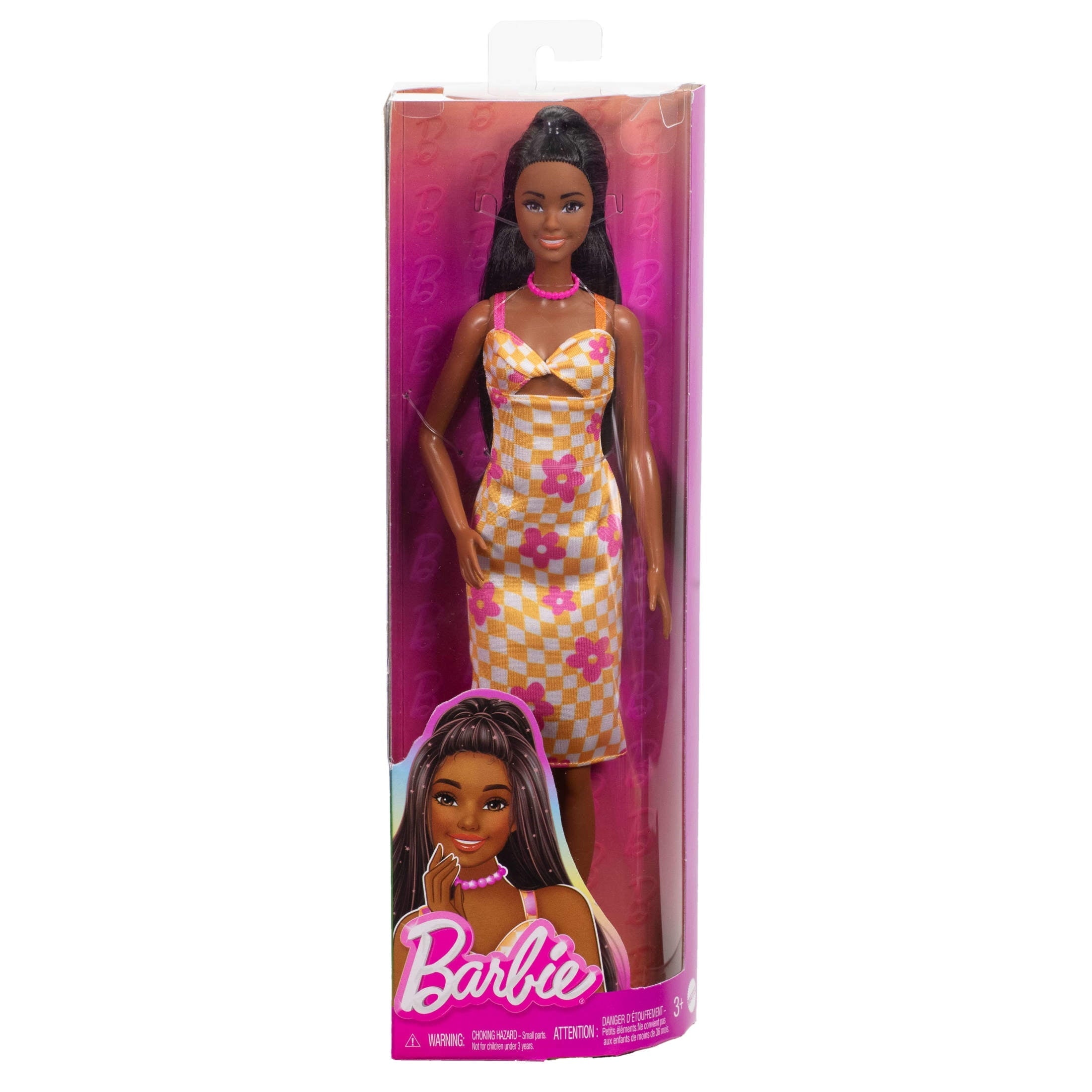 Barbie Fashionistas Doll #233 with Black Hair in Checkered Flower Midi Dress, Necklace and Sandals