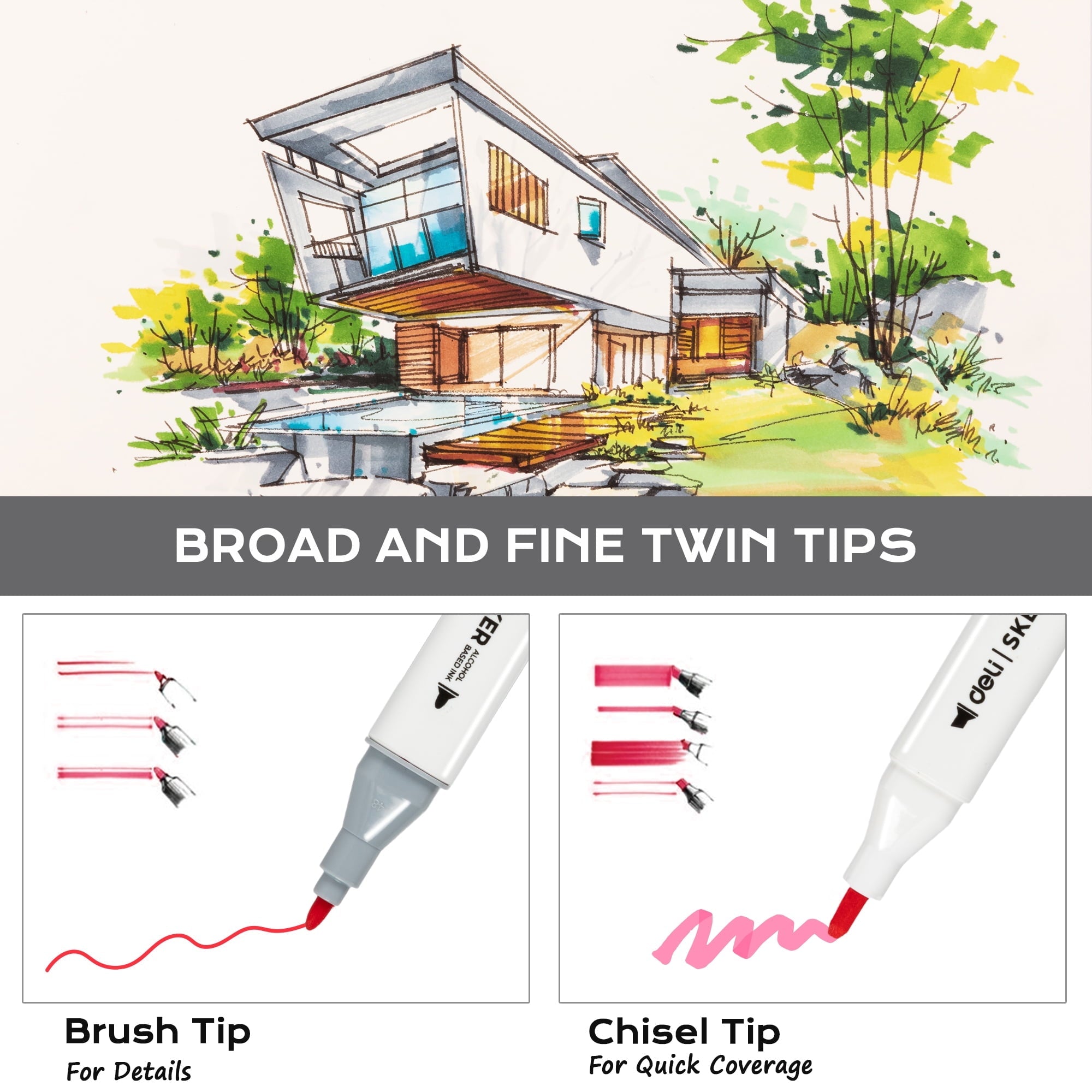 Deli 60 Colors Dual Tip Permanent Markers, Art Alcohol Markers Set Art Supplies with Storage Box