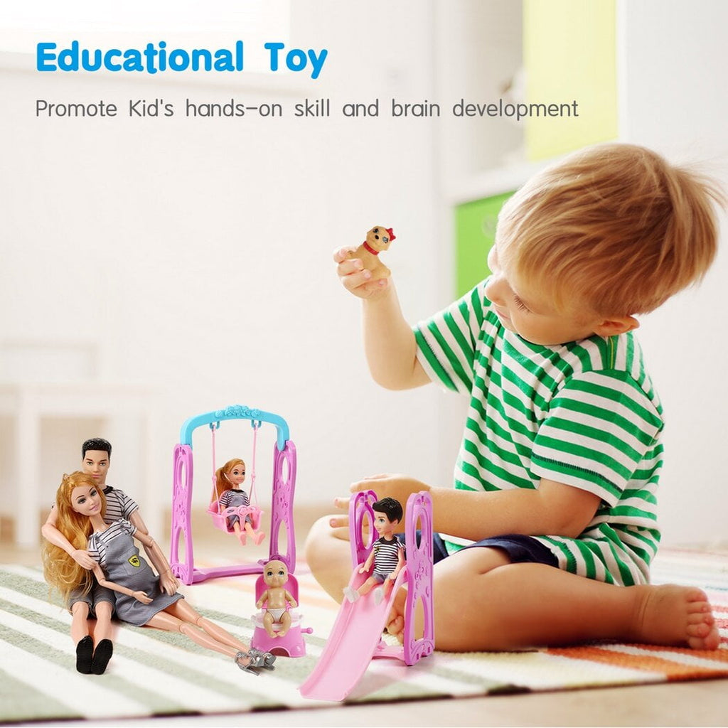 6 People Family Dolls Set with Pregnant Mom Dad 3 Kids Baby Boy in Mommy's Tummy, Toddler Kids Toy Gift Dolls of Happy Family Doll Members Parents & Children with Slide Dog