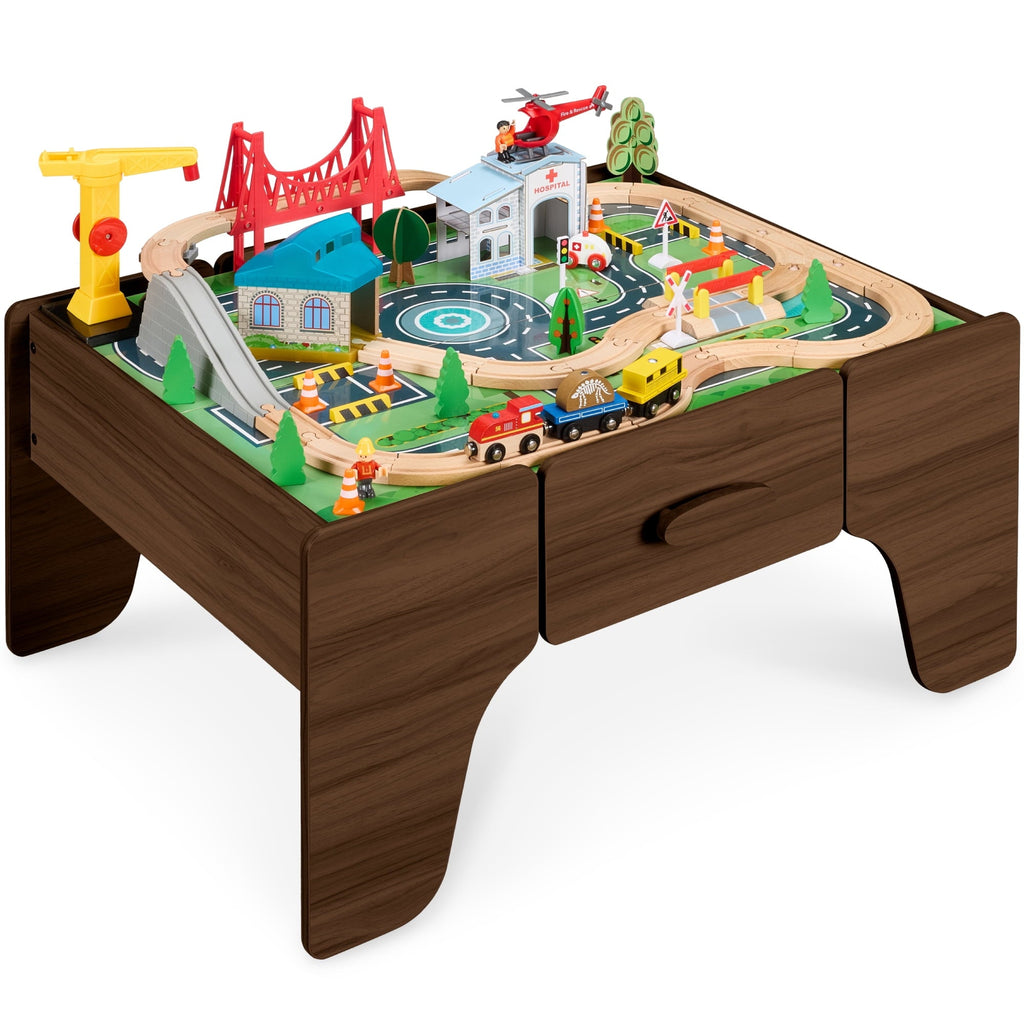 Best Choice Products Wooden Train Set Table for kids, 56pc Multi-Activity Table for Kids w/Toy Storage Drawer & Reversible Top - Walnut