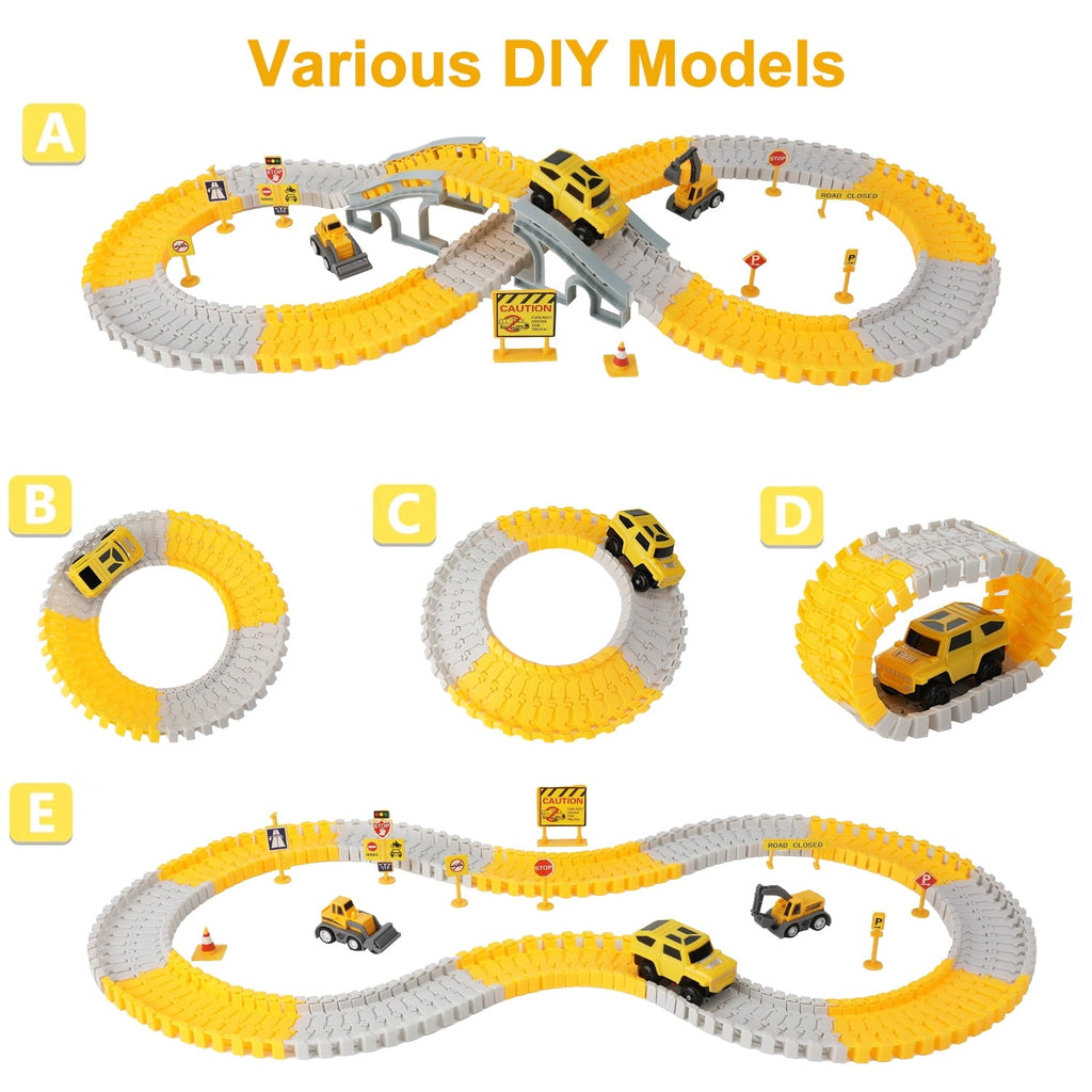 Anpro 180PCS Construction Toys Race Track Set for Kids, DIY Flexible Track Playset with Engineering Cars and Playmat, Create a Engineering Road Games Gift Toys for Age 3+ Boys
