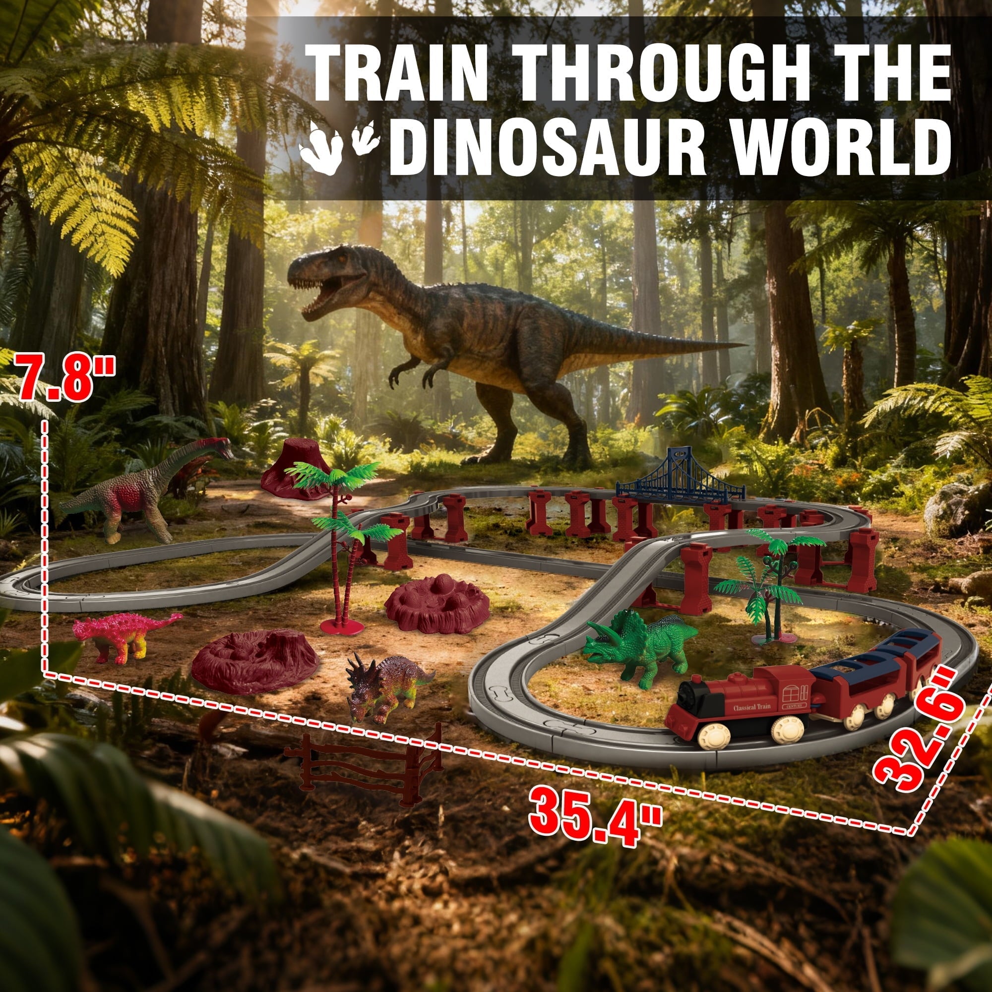 Dinosaur Train Set - Electric Train Toys For Kids With Dinosaur Figures & Play Mat, Large Train Track With Bridge, Toy Model Train For Toddlers