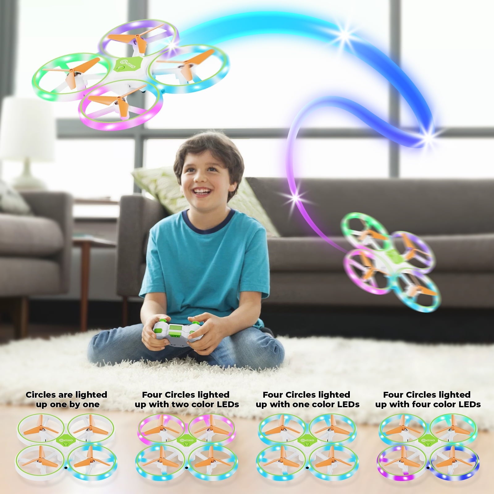 Contixo Dragonfly Mini Drone for Kids, Auto Takeoff, Altitude Hold, 360° Stunts, LED Lights, 16-Min Flight - Green
