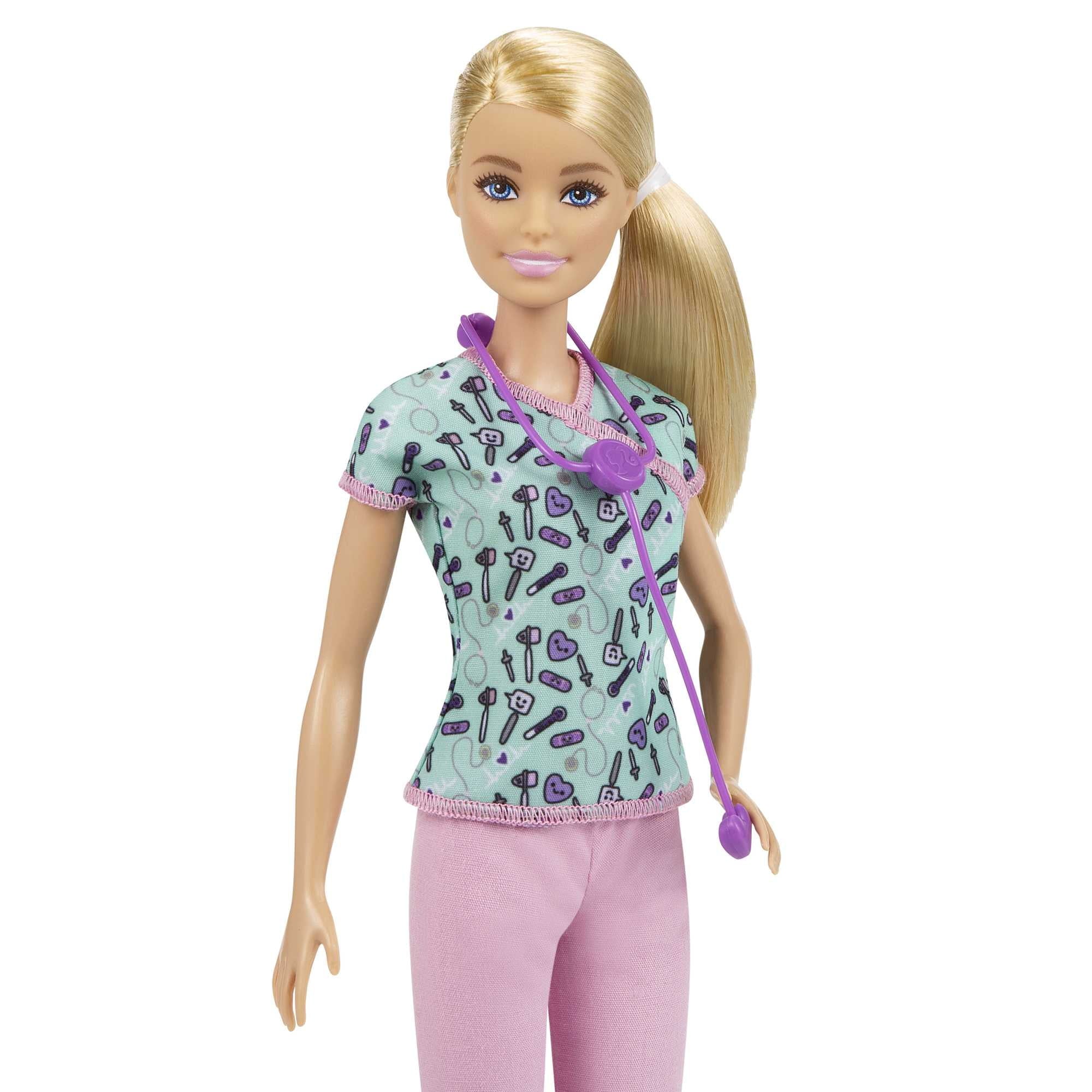 Barbie Nurse Fashion Doll Dressed in Medical Scrubs, White Shoes & Stethoscope Accessory