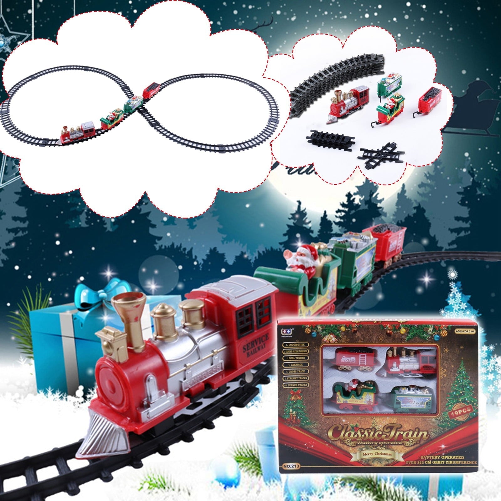 Chmadoxn Christmas Train Set Railway Tracks Sets Battery Operated Locomotive Engine and 8.5 Ft Tracks Playset for Under The Tree Electronic Toys Gift for Kids