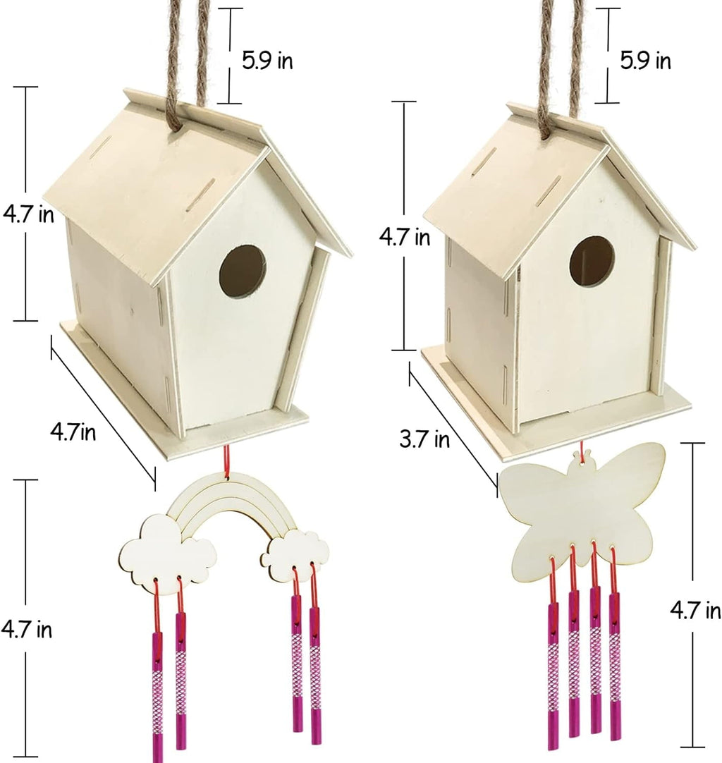 2 Set Diy Bird House Wind Chime Kits, Birdhouse Kit Crafts for Kids Ages 4-12, Build and Paint Birdhouses Wooden Arts Craft, Outdoor Toys, Ideal Birthday, Children's Day Gifts