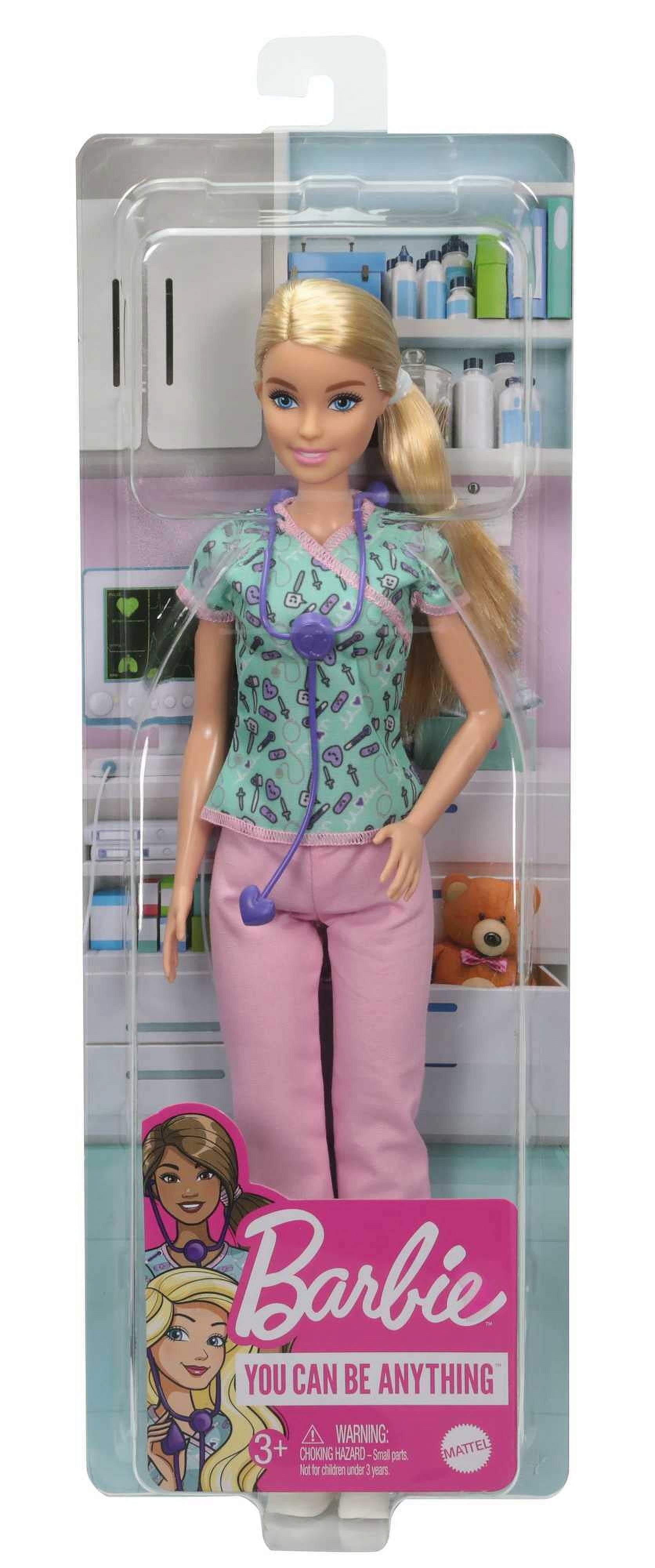 Barbie Nurse Fashion Doll Dressed in Medical Scrubs, White Shoes & Stethoscope Accessory