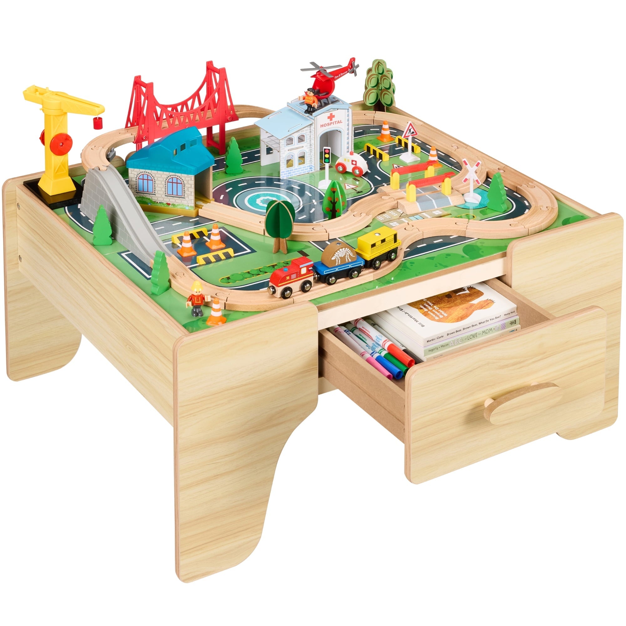 Best Choice Products Wooden Train Set Table for kids, 56pc Multi-Activity Table for Kids w/Toy Storage Drawer & Reversible Top - Natural