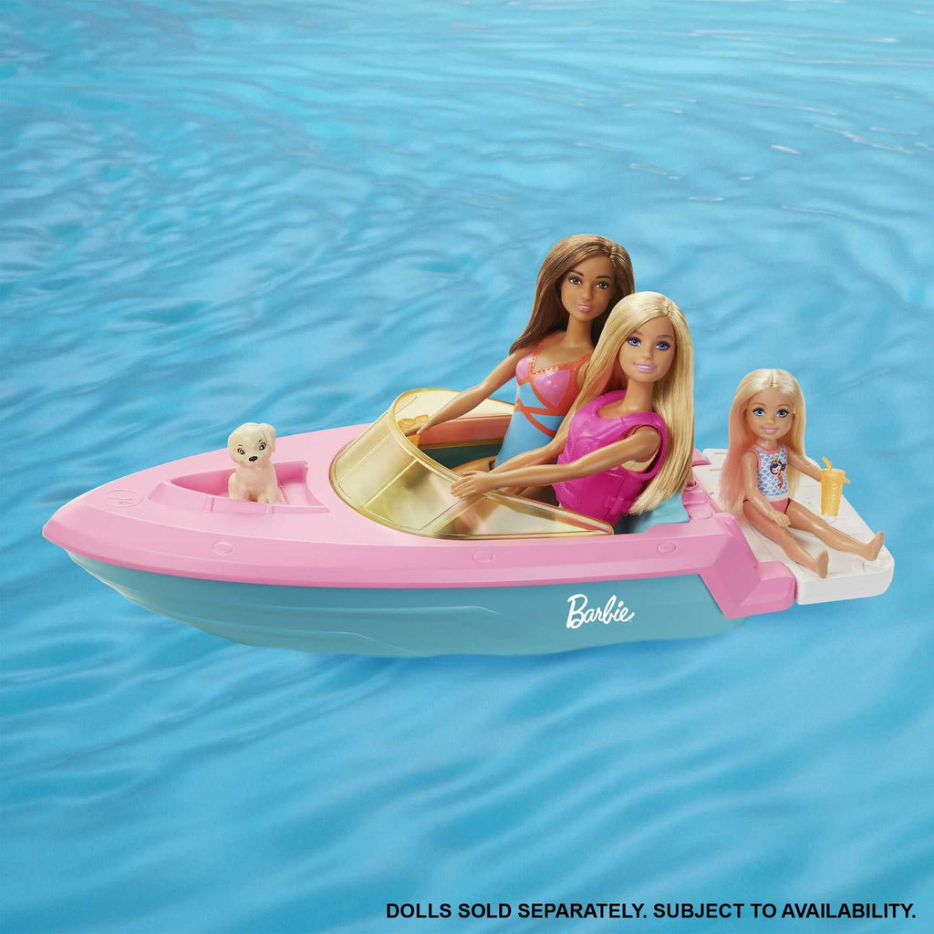 Barbie Toy Boat Set with Puppy, Life Vest and Beverage Accessories, Floats in Water (Seats 3 Dolls)