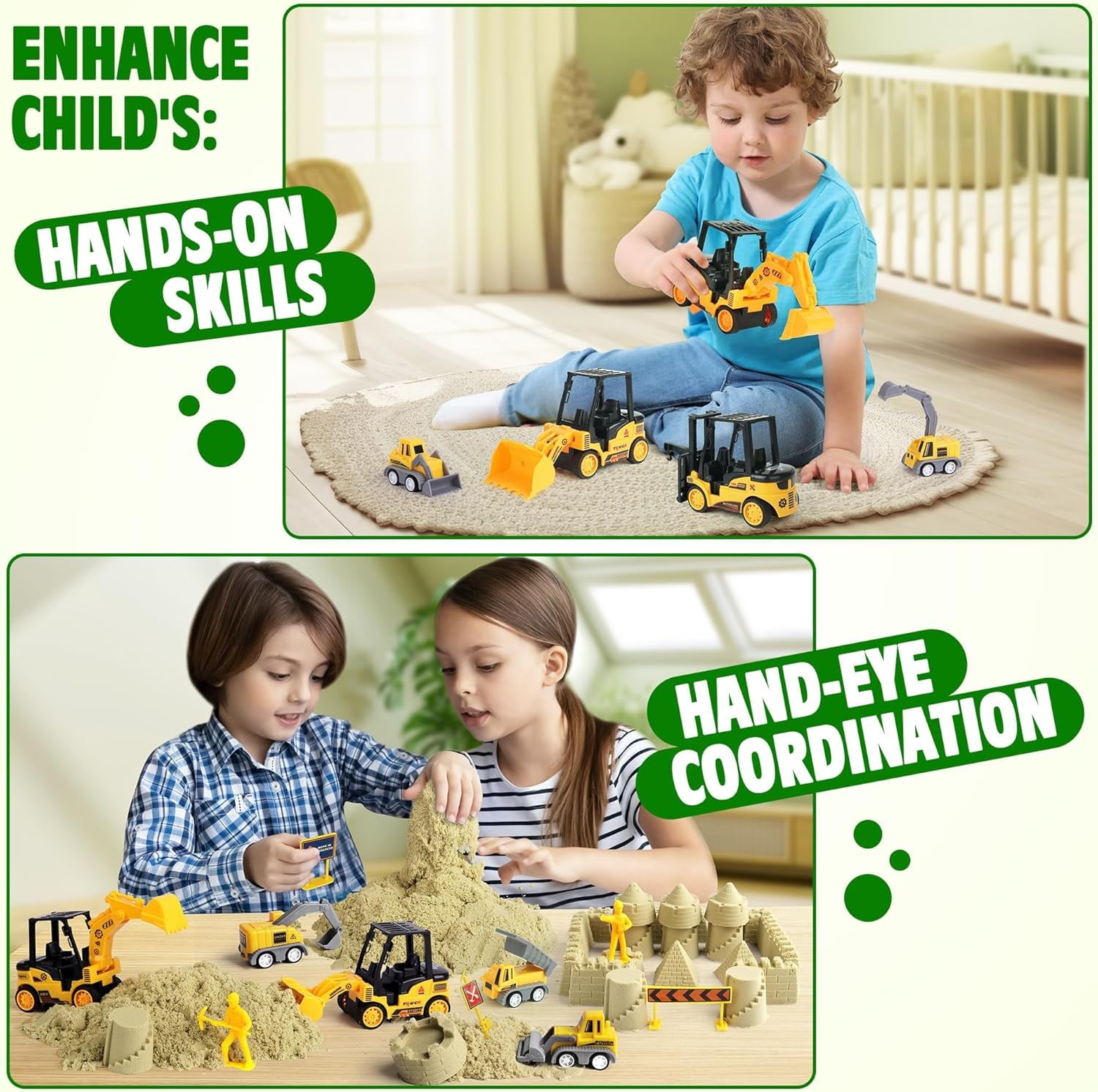 Billeeit Sand Construction Kit with 2.2lbs Play Sand, Large Foldable Sandbox, Construction Trucks, Castle Molds, and 36PCS Total Accessories, Creative Sand Play Set for Kids Ages 3+