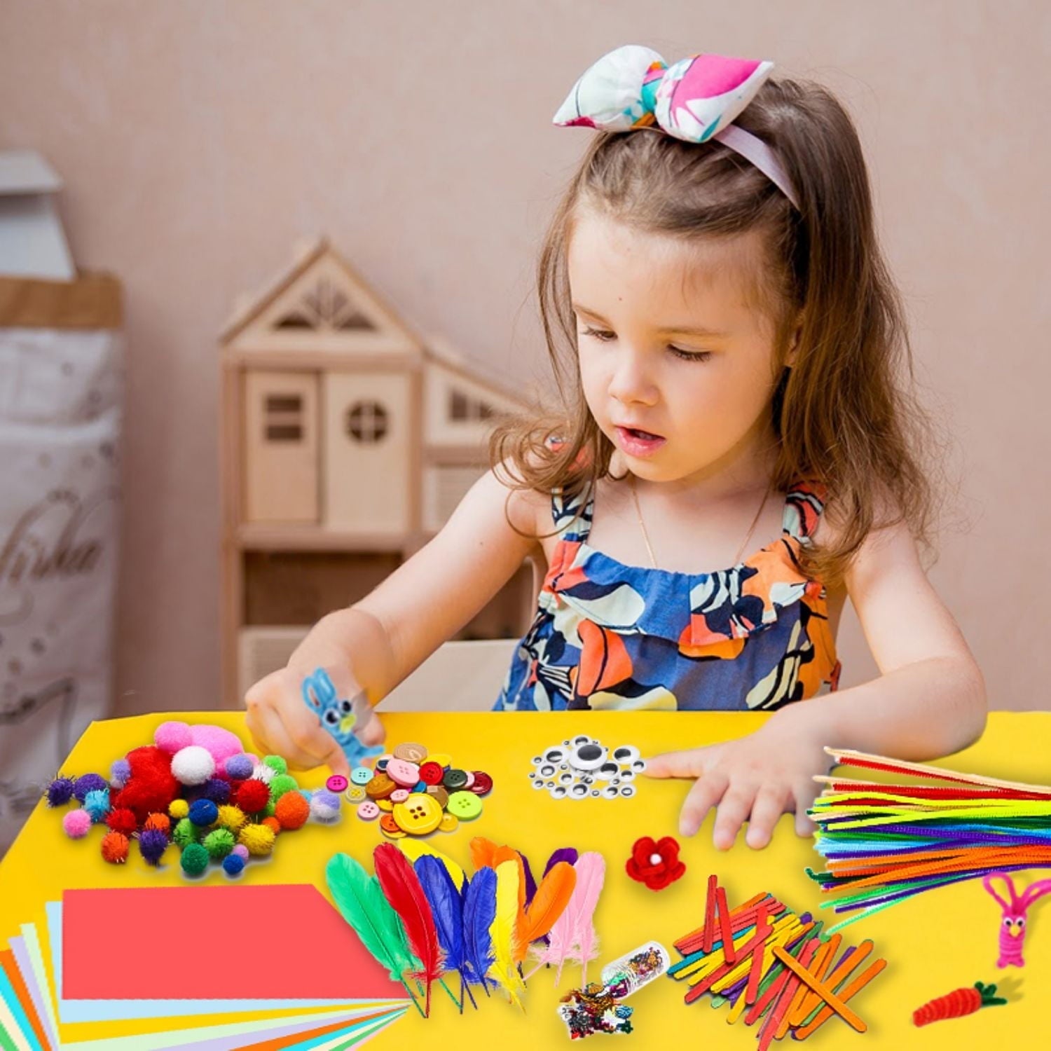 800Pcs DIY Art Craft Kit for Kids Creative Pompoms Pipe Cleaners Feathers Wiggle Googly Eyes Sequins Buttons Colorful Wooden Sticks Colorful Construction Paper School Projects Party Supplies