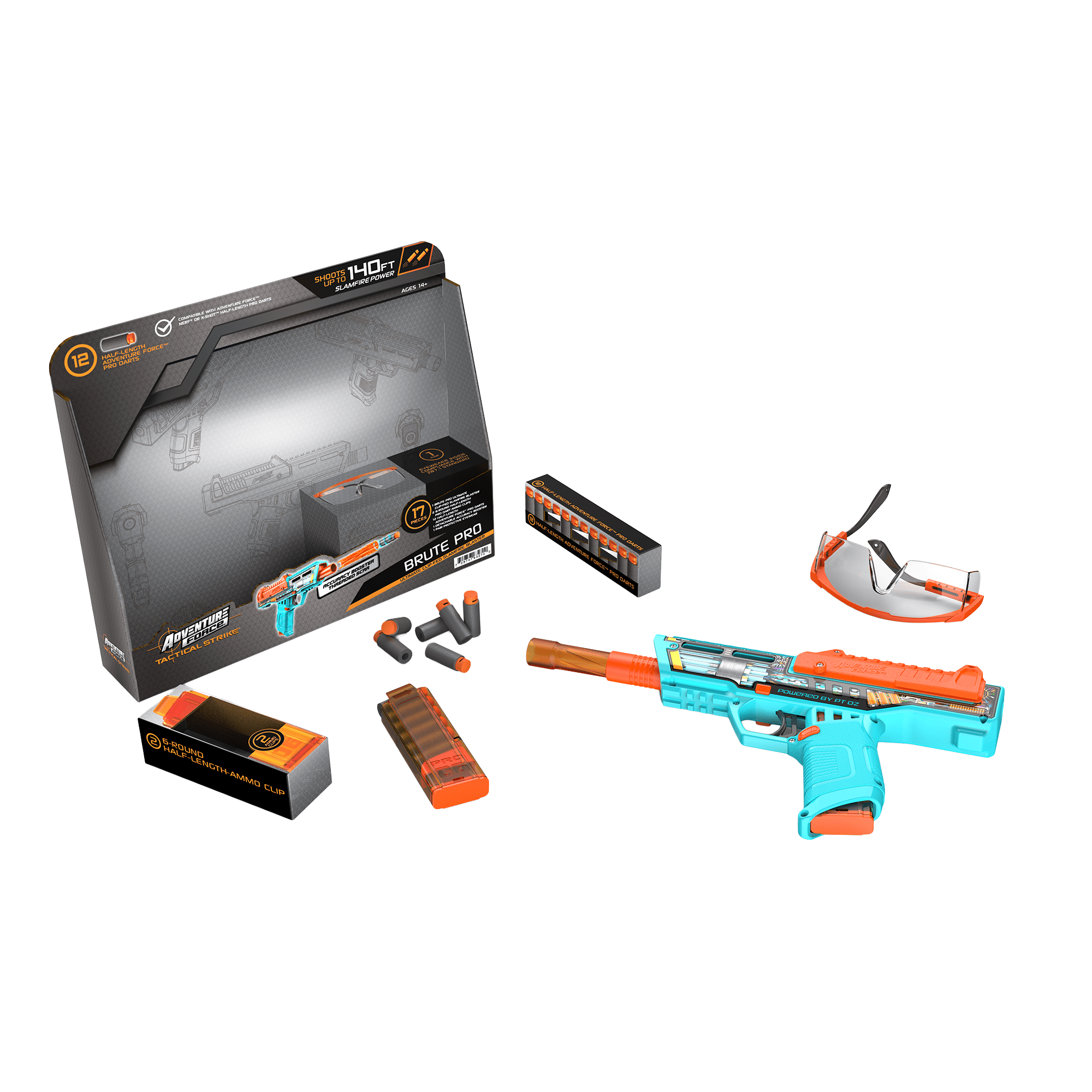 Adventure Force Tactical Strike Brute Pro Ultimate Clip-Fed Slamfire Half-Length Dart Blaster, Shoots up to 145 ft., 17-Piece Pro Blaster Set with Accuracy Booster, 14+
