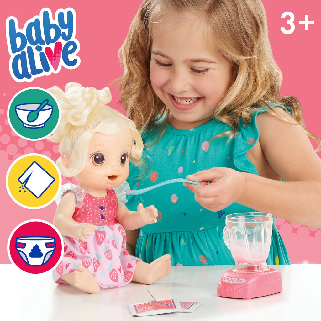 Baby Alive Magical Mixer Baby Doll Strawberry Shake, Blender, Drinks, Wets, Eats, Blonde Hair Toy