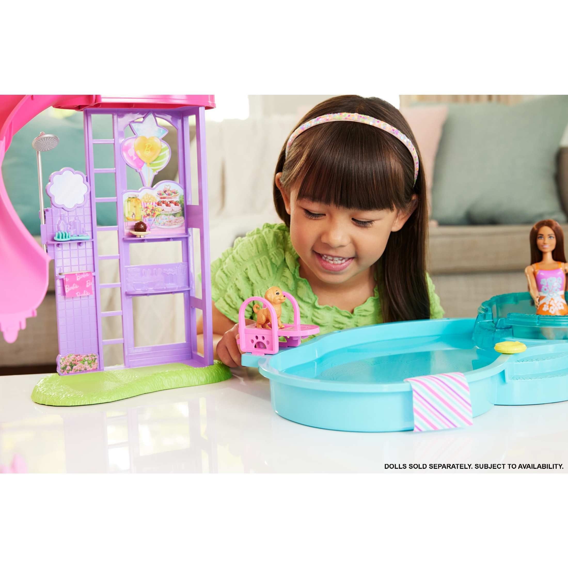 Barbie Dream Pool Playset with Slide & Bubbling Hot Tub, 20+ Accessories Including Pet, Floaties & More