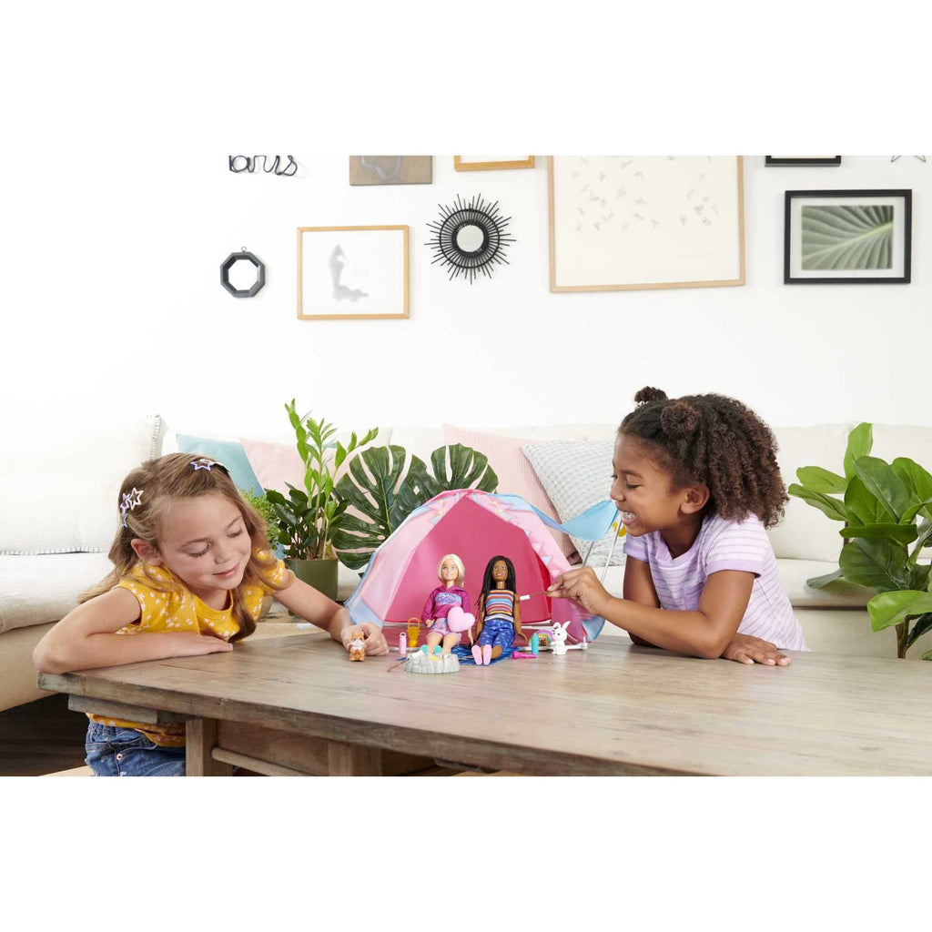 Barbie It Takes Two Let's Go Camping Tent Playset with Brooklyn & Malibu Dolls & 20 Accessories