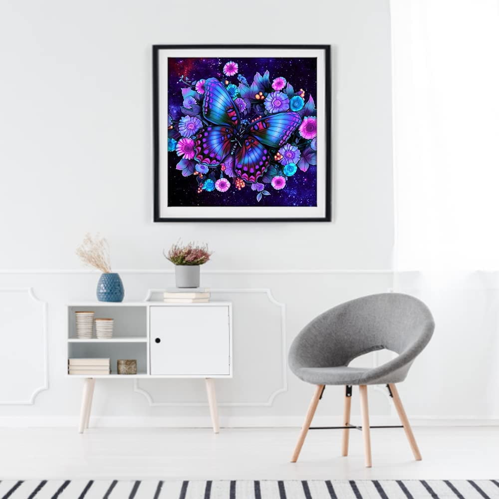 Butterfly Diamond Art Kits for Adults Beginners 5D Full Drill Round Purple Flowers Diamond Art for Home Decor 11.8x11.8 inch