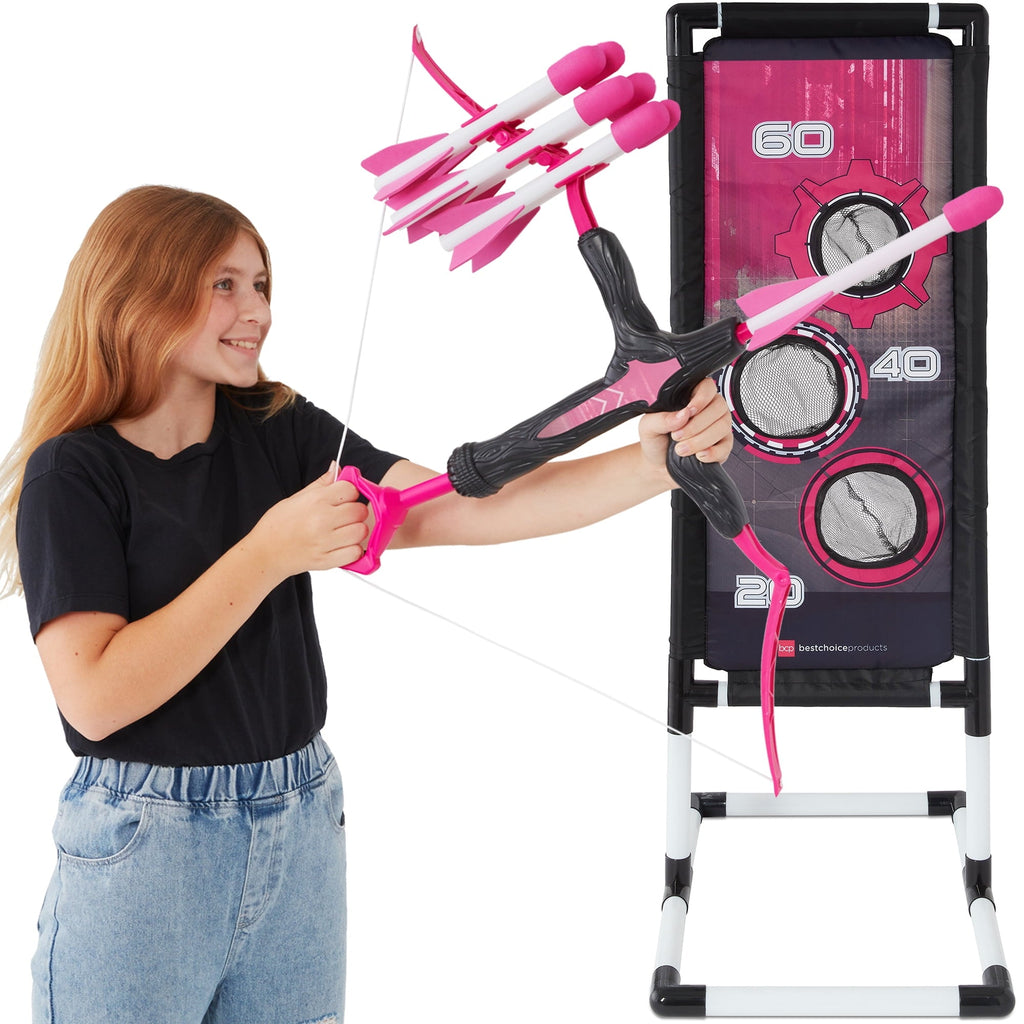 Best Choice Products Kids Bow & Arrow Set, Children's Play Archery Toy w/ Target Stand, 12 Arrows, Quiver- Pink
