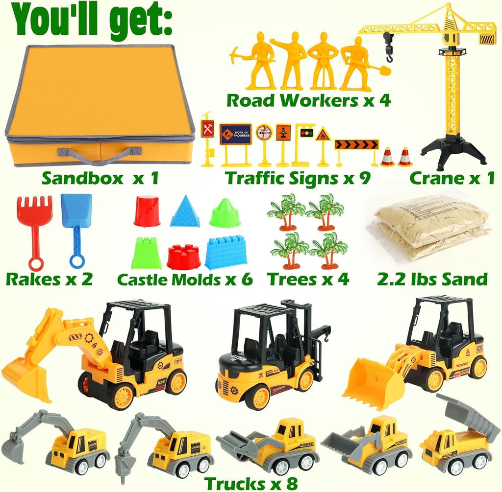 Billeeit Sand Construction Kit with 2.2lbs Play Sand, Large Foldable Sandbox, Construction Trucks, Castle Molds, and 36PCS Total Accessories, Creative Sand Play Set for Kids Ages 3+
