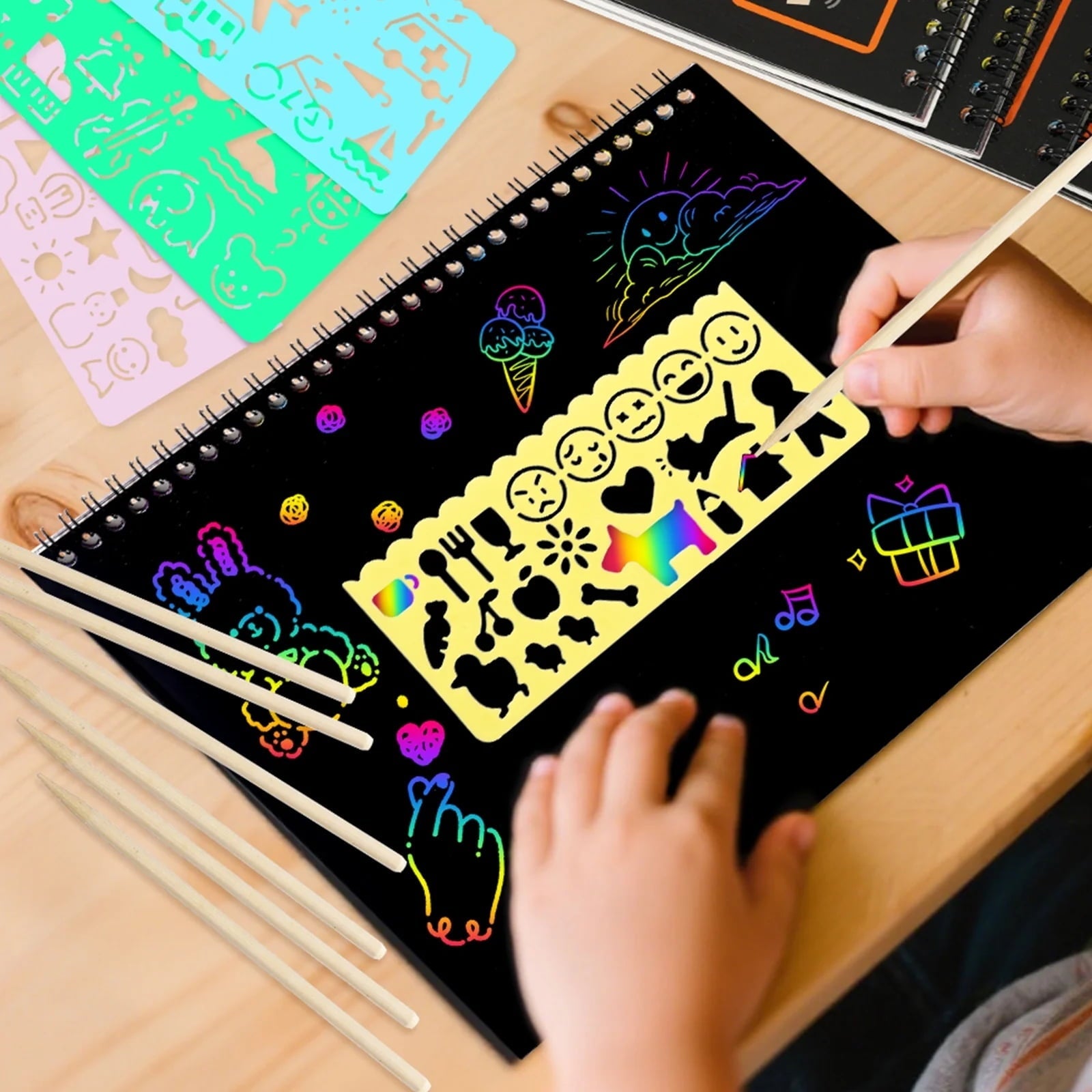 BSHAPPLUS® 4 Pack Rainbow Scratch Art Notebooks,Magic Scratch off Paper Notebook Set for Kids Art and Craft Activity Book Black Sketch Doodle Pads with Drawing Stick for Party Favor Game Gift