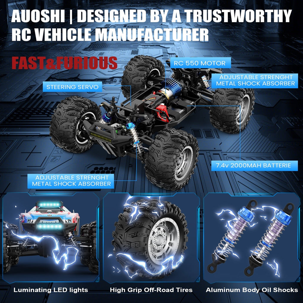 AUOSHI 2025 Fastest Brushless RC Cars Adults ESP 100 KM/H 60MPH Top Speed 4X4 Hobby Off-Road 1:12 RC Truck Oil Filled Shocks Remote Control Truck Boy