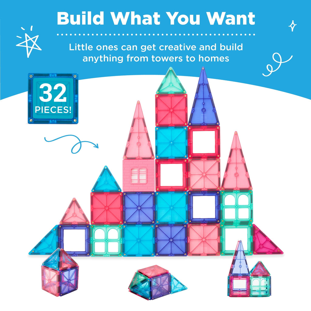 Best Choice Products 32-Piece Kids Magnetic Tiles Set, Educational Building STEM Toy w/ Case - Pink