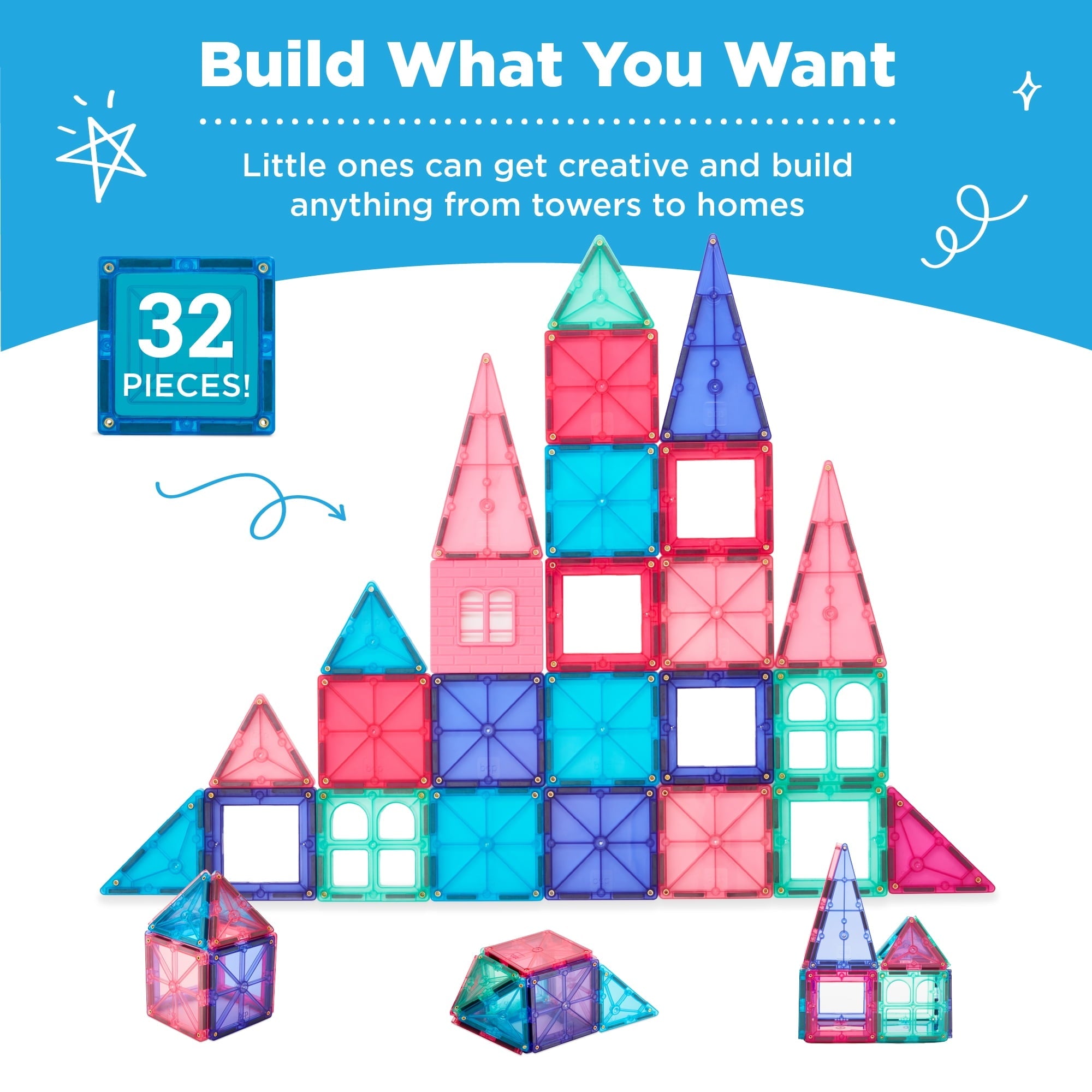Best Choice Products 32-Piece Kids Magnetic Tiles Set, Educational Building STEM Toy w/ Case - Pink