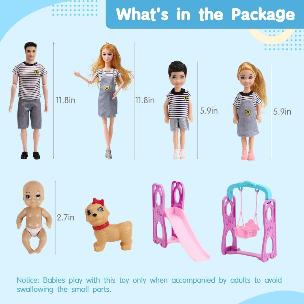 6 People Family Dolls Set with Pregnant Mom Dad 3 Kids Baby Boy in Mommy's Tummy, Toddler Kids Toy Gift Dolls of Happy Family Doll Members Parents & Children with Slide Dog